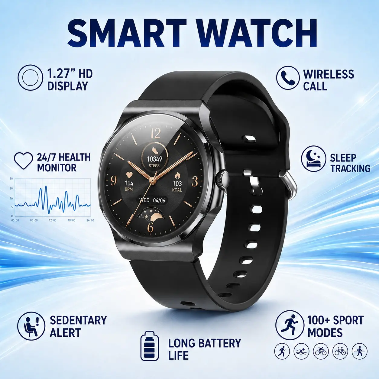 2026 Smart Watch for Men Women, Multifunctional Smartwatch, 1.27-inch Round Touchscreen Smartwatch with Wireless Calling, AI Smart Chip, Voice Assistant, 210mAh Battery, Multi Sport Modes, Music Control, Weather, Alarm, Camera Shutter