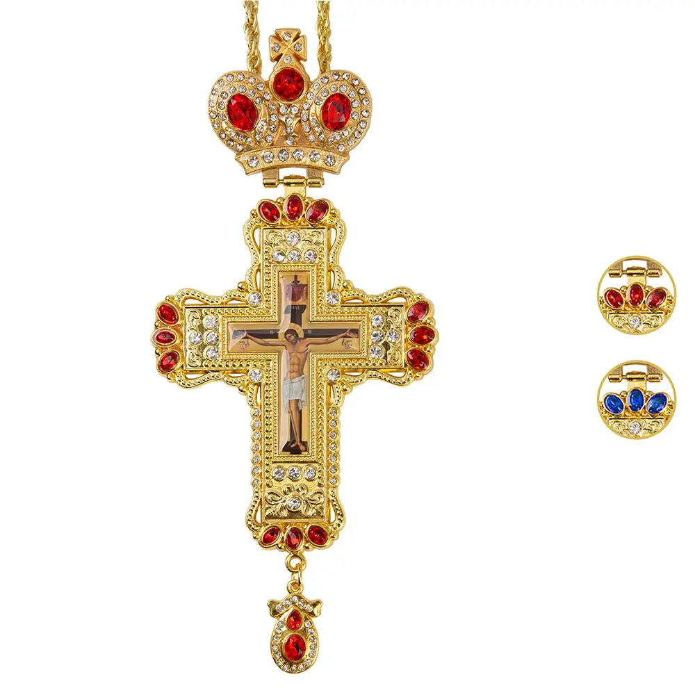 Russian Orthodox Pectoral Cross Necklace for Priest, Gold Plated 2 Colors Red Blue Rhinestone Jesus Crucifix Pendant with Twist Chain, Luxury Gift Box Packed Eastern Orthodox Clergy Religious Jewelry