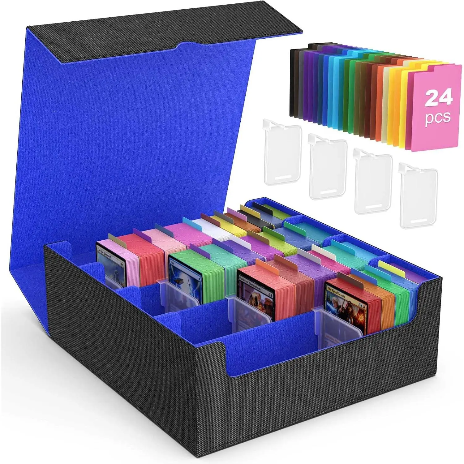 Trading Card Storage Box, 3000+ MTG Deck Box with 24 Colorful Dividers & 4 Card Supporters, Commander Card Deck Case Fits for Magic Game Cards, YugiOh, TCG, PTG and Sport Cards, Black Blue
