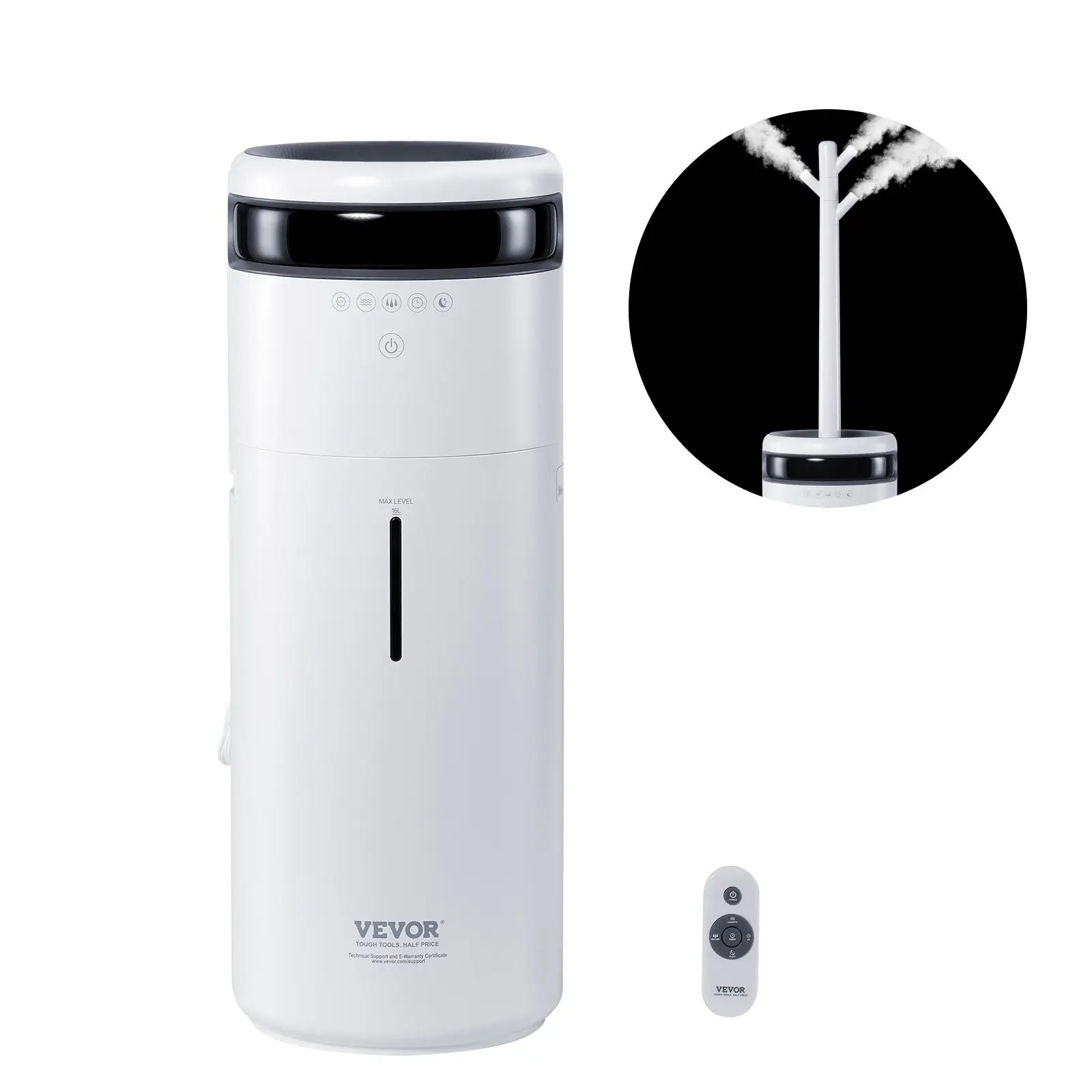 【DealsForYouDays】VEVOR 16L Industrial Cold Mist Humidifier, 50W 6.9 lb Adjustable Whole House Unit for 1291.7 sq ft Space, 12h Timer, Alarm, Auto Shut-Off, Sleep Aid Night Light, AC100V-240V Long-Lasting Branch Tube with 360° Nozzle, 9.4" x 9.4" x 45.1"