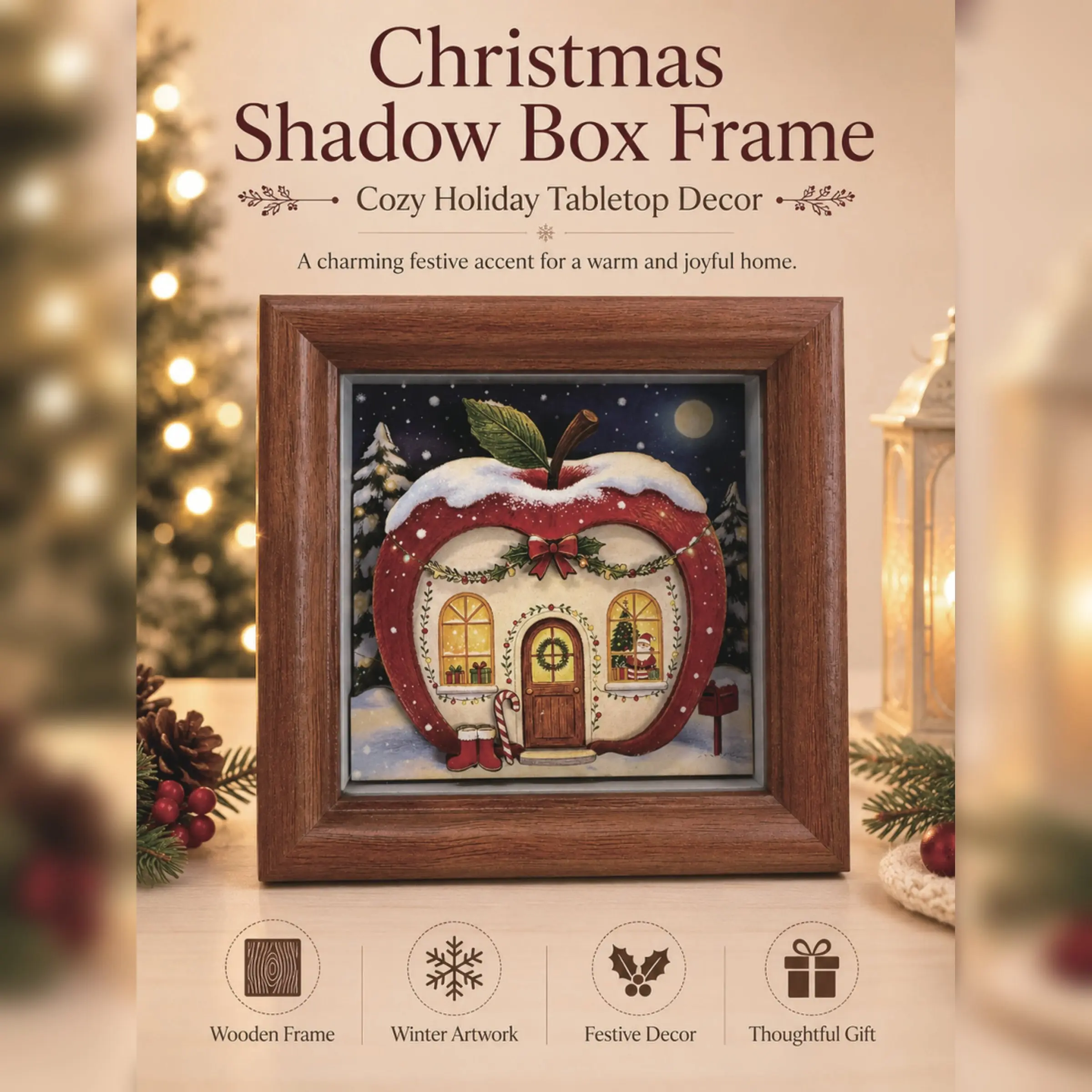 Christmas Apple House Wooden Frame Decor, 12cm Square Holiday Photo Frame, Christmas Desk Home Gift Decoration, Festive Ornament