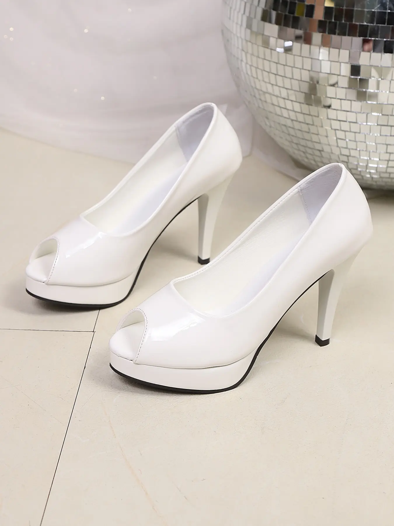 Women Fashion Glossy Patent Peep Toe Slip On Platform Stiletto Pumps, Soft Cushioned Anti-Slip High Heels, Dating Wedding Evening Club Party Footwear, 2 Colors White Black
