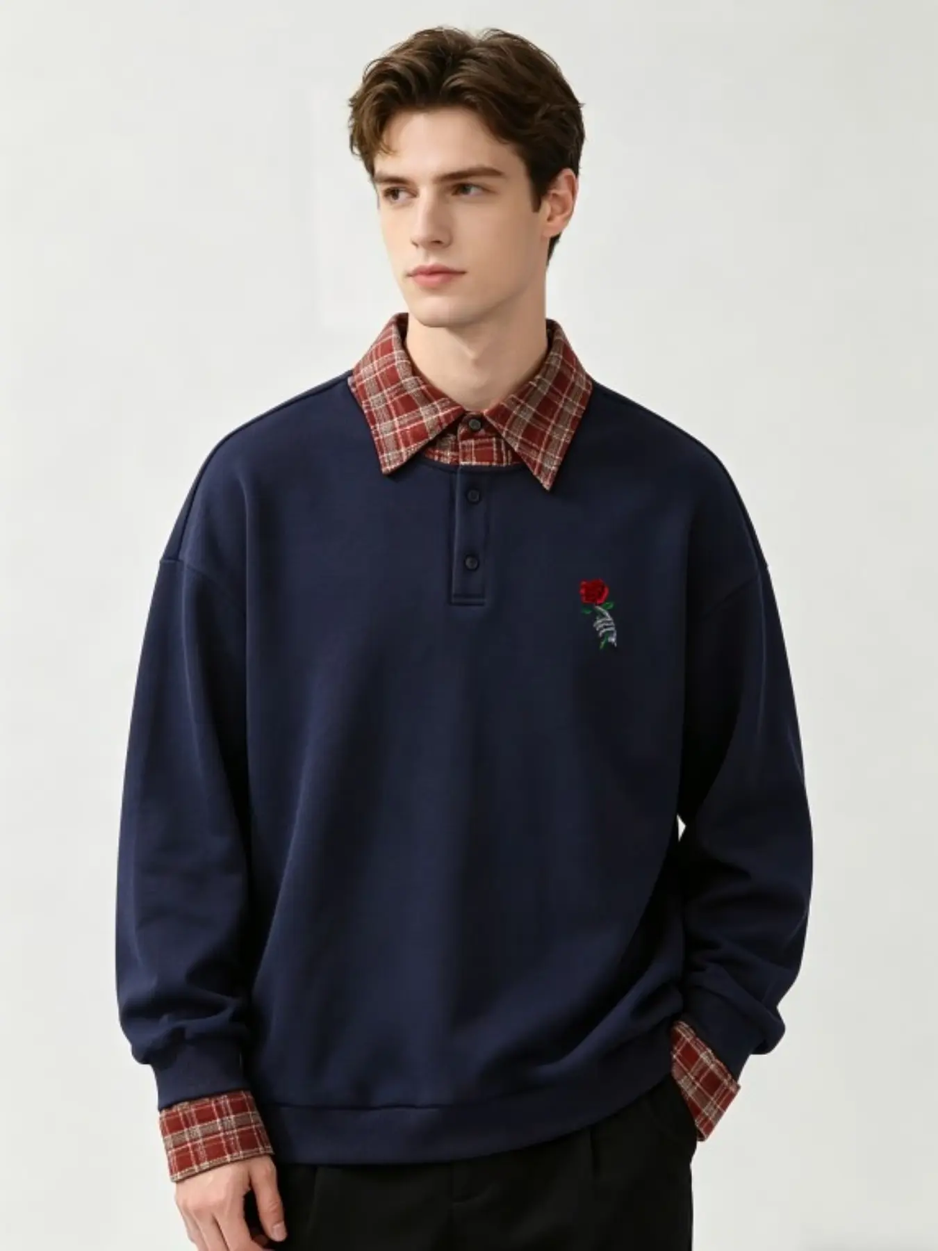 Men's Faux Two Piece Plaid Collar Polo Sweatshirt Skeleton Hand Rose Graphic Print Loose Long Sleeve Streetwear Tops