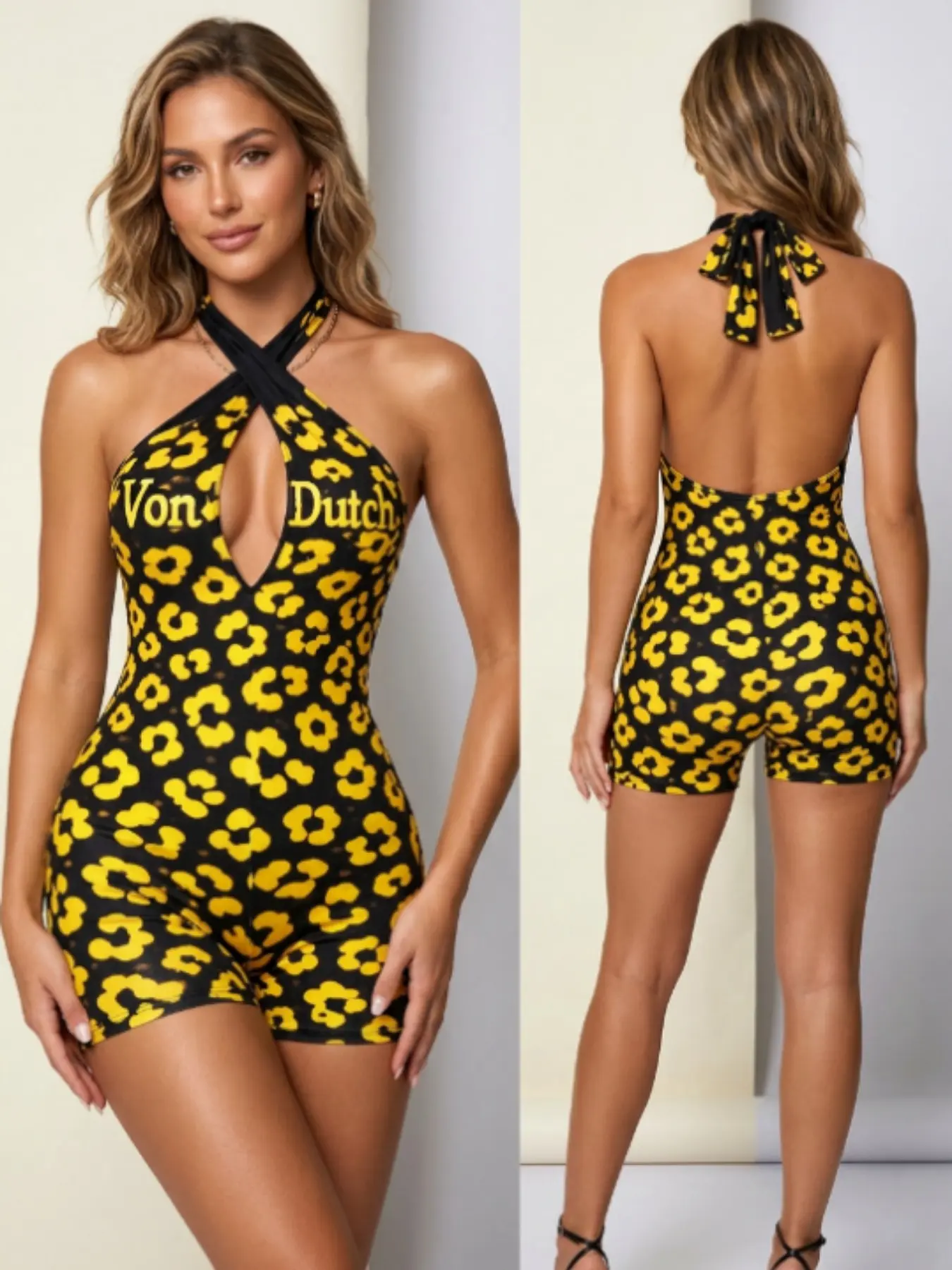Women's Leopard Print Backless Halter Romper, Fashion Fitted Sleeveless Romper for Summer