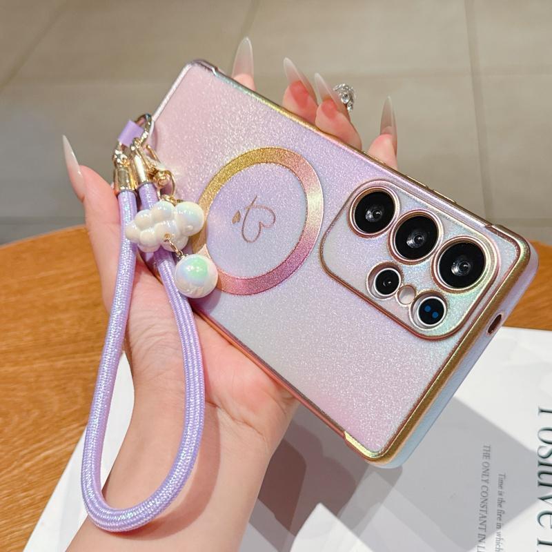 Stylish Electroplated Heart Design Phone Case with Wrist Strap, Compatible with Samsung Galaxy S26/S25/S24/S23/S22/S21 Ultra & Plus, S26/S25 Edge, S24FE/S23FE, Supports Wireless Charging, Anti-Slip and Shockproof Protective Shell