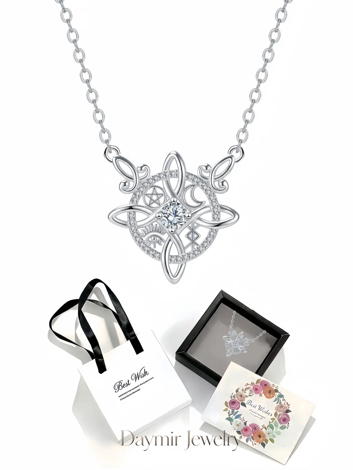 Balance Spirit Retro Silver Pendant, sparkling necklace with four-way Celtic knot & pentagram for women. Equipped with delicate drawer jewelry box, great gift for birthdays, Mother’s Day, Valentine’s Day, Christmas and anniversaries.