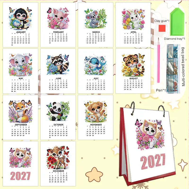 2027 Cute Floral Design Animal Diamond Painting Calendar, Mini Desktop Classroom Calendar for School Desk, Creative Handmade Office Desktop Calendar, Decorative Calendar Stand