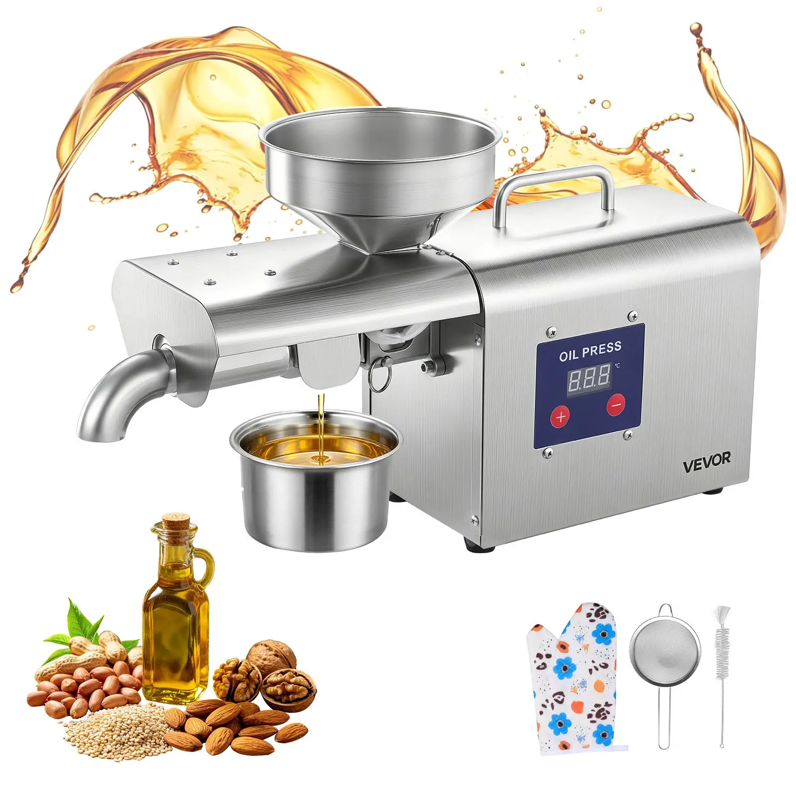 VEVOR Automatic Oil Press Machine, 8.27 LBS/H Capacity, 750W Extractor, 122-572 Hot Press for Peanuts, Sesames, Soybeans, Almonds, ToolUpgrade Brand for Home Use