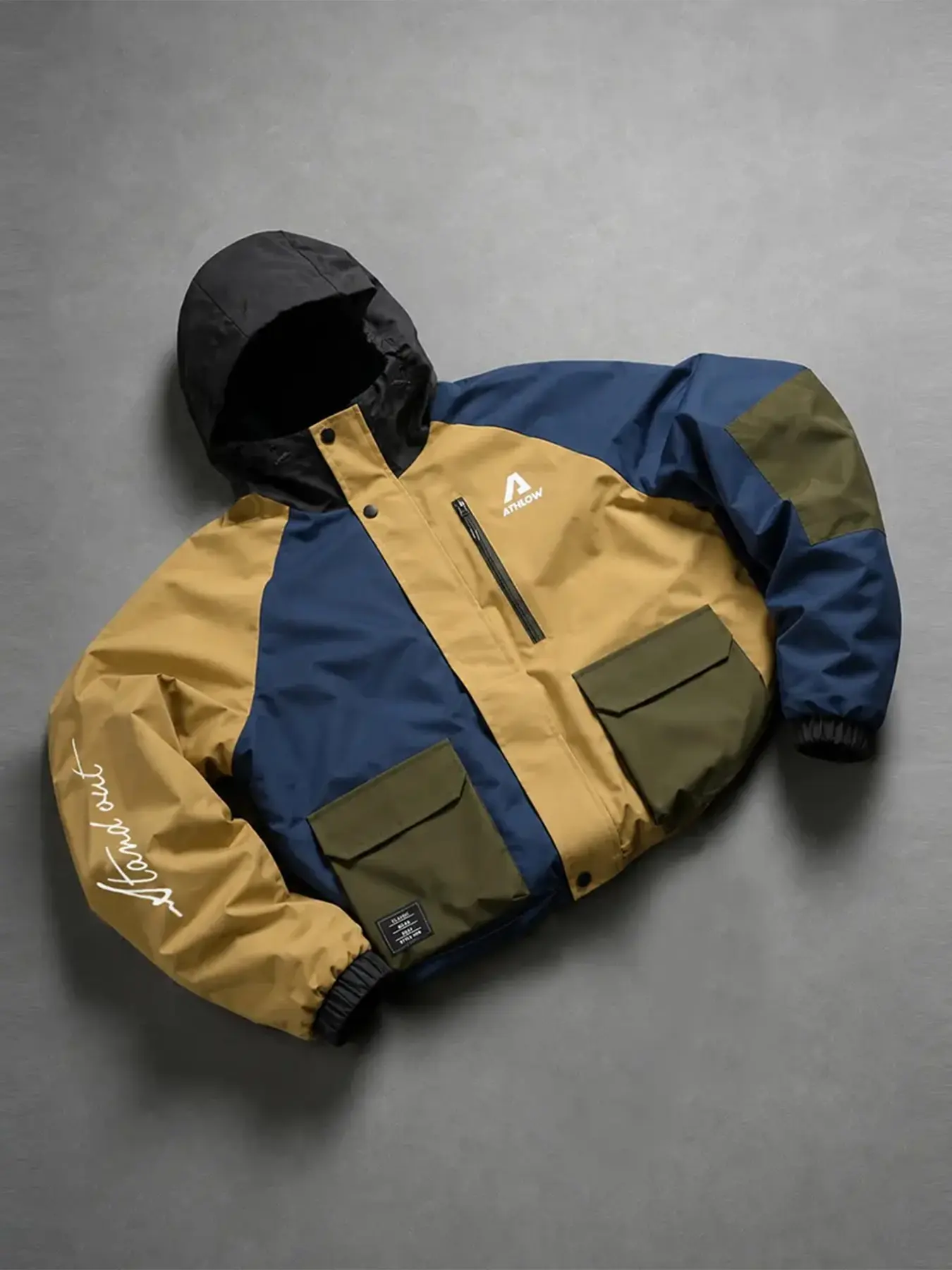 Men's Windproof Colorblock Hoodie Jacket, Letter Print, Chest Zipper, Outdoor Casual Style, Loose Fit, All Seasons, Durable and Fashionable