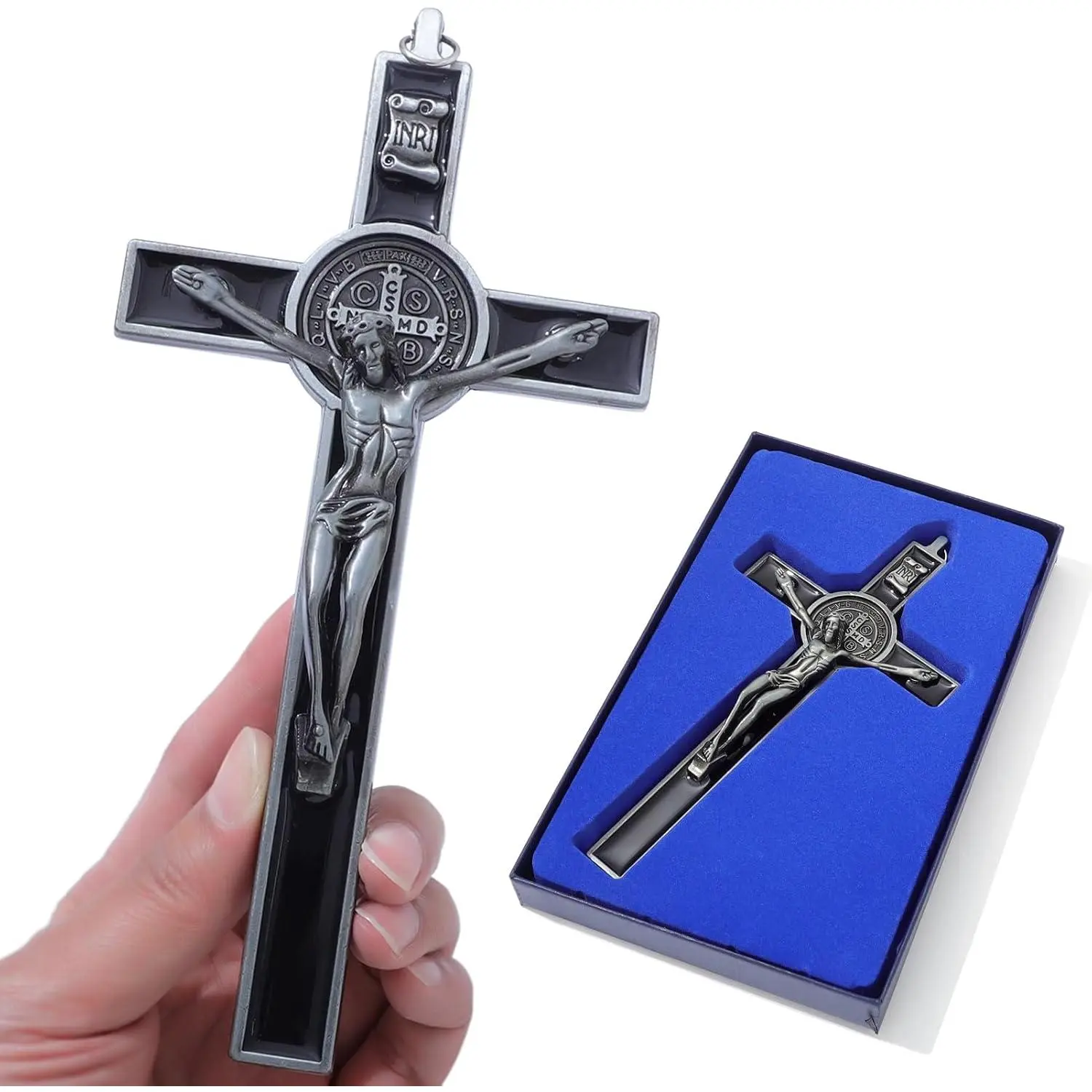Metal Crucifix Wall , Catholic Crosses with Black Enamel - 7.5 Inch Crucifix for Wall,  Christian Wall   for  Decor