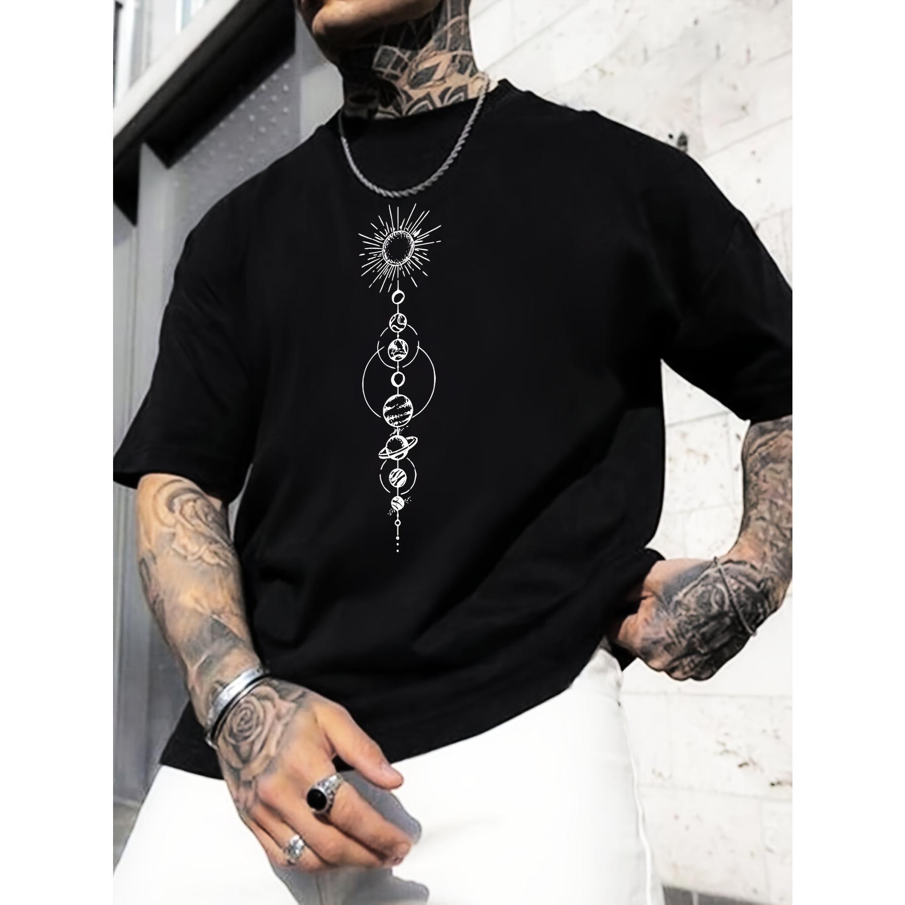 Planet Creative Print Men's Short Sleeve T-Shirt, Casual Round Neck Top, Versatile And Comfortable Tee, Spring& Summer Collection