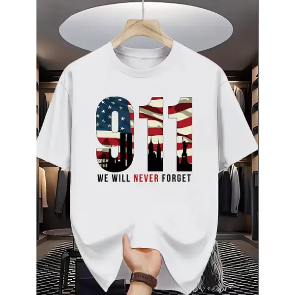 Men'S Black 9/11 Memorial T-Shirt - Patriotic "Never Forget" Design, Dedicated To First Responders, Firefighters, Veterans Commemorative Graphic Short Sleeve Shirt, Machine Washable Retro Apparel, Classic Crew Neck Cotton Fabric