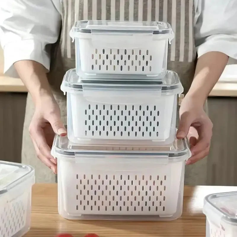 3pcs Food Storage Containers with Drain Basket and Lid, Leak-Proof Reusable Kitchen Organizer, Food Grade Plastic, Ideal for Fridge and Picnics