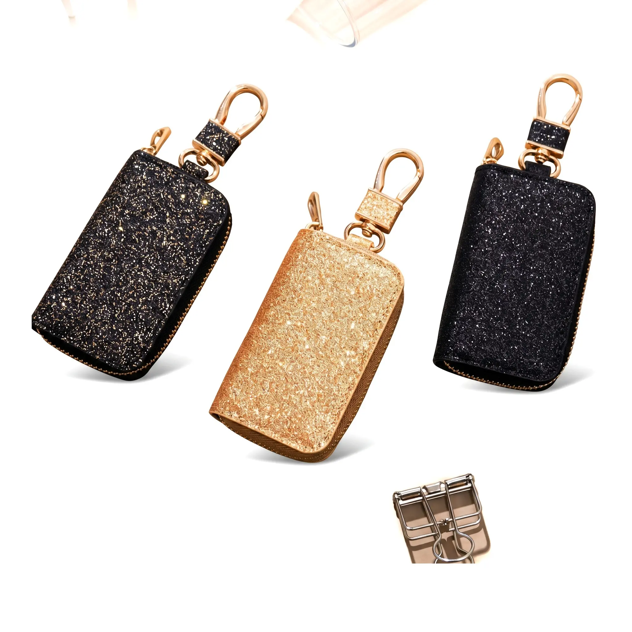 Mini Car Key Case Unisex Organizer Sparkling Leather Expandable Storable Urban Minimalist Solid Color Sequins Daily Wear