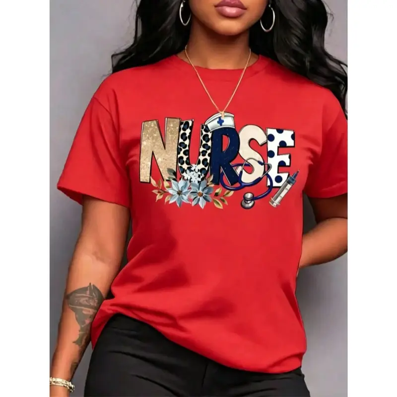 Women's Cute Nurse Print Short-Sleeve T-Shirt - 100% Cotton Soft Fabric, Casual Round Neck Fit Top for Nurses Day, Shortsleeve, Regular, Casual Crewneck Tops, Party, Chic