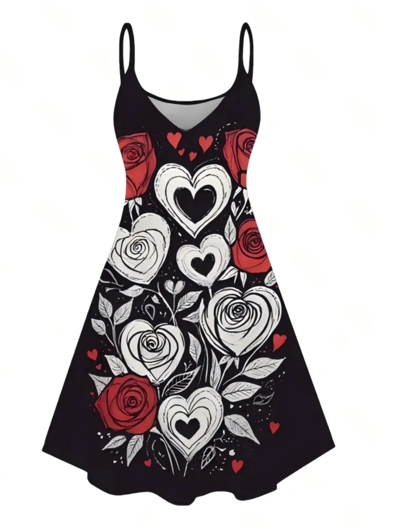 Valentine's Day Heart Rose Print Dress, Slim Fit Design, Elegant Style, Perfect for Special Occasions, Women's Fashionable