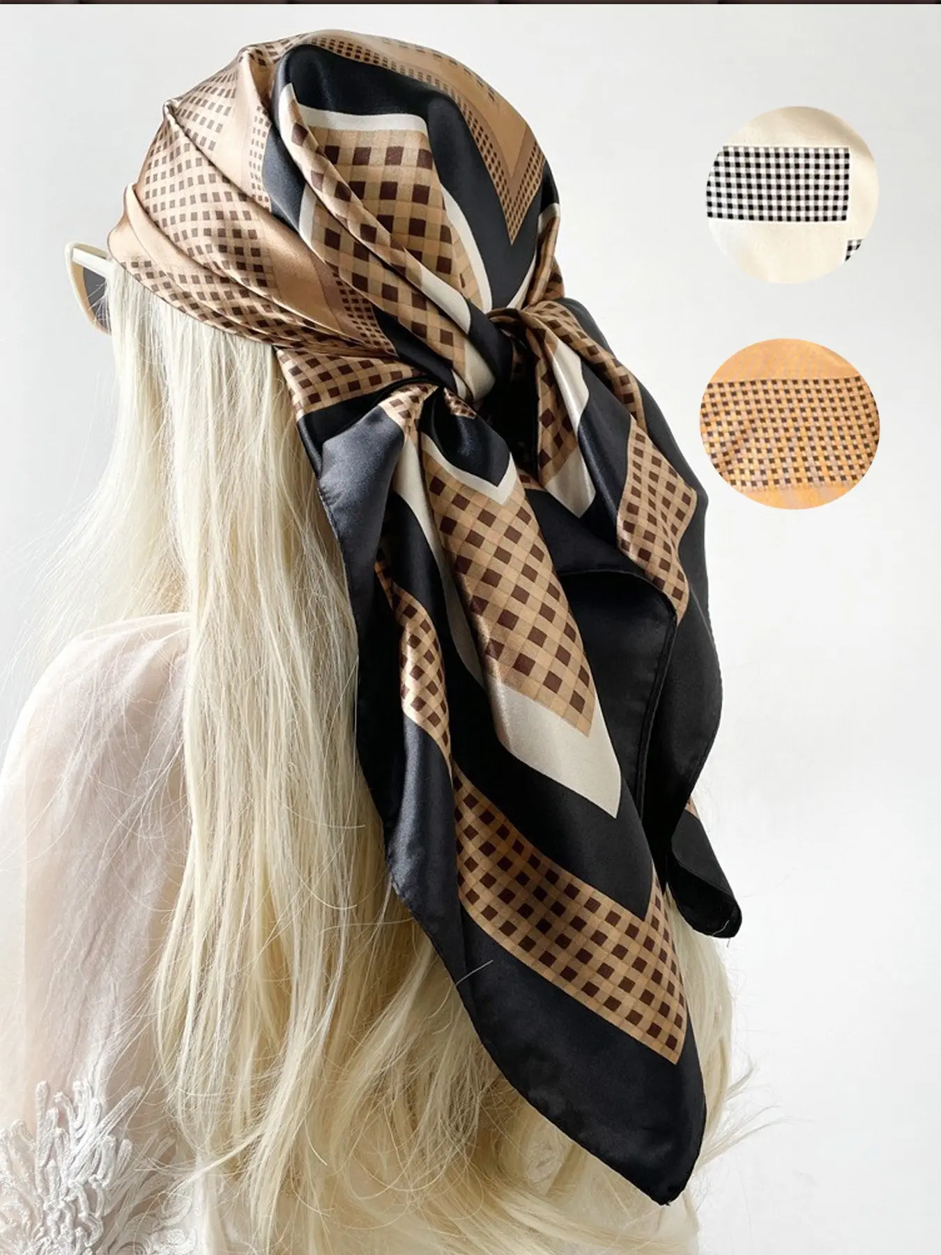 2 Tone Houndstooth Geometric Satin Scarf, Casual Fitted Silk Scarf, Baroque Pattern, All Seasons Accessory, Made in China