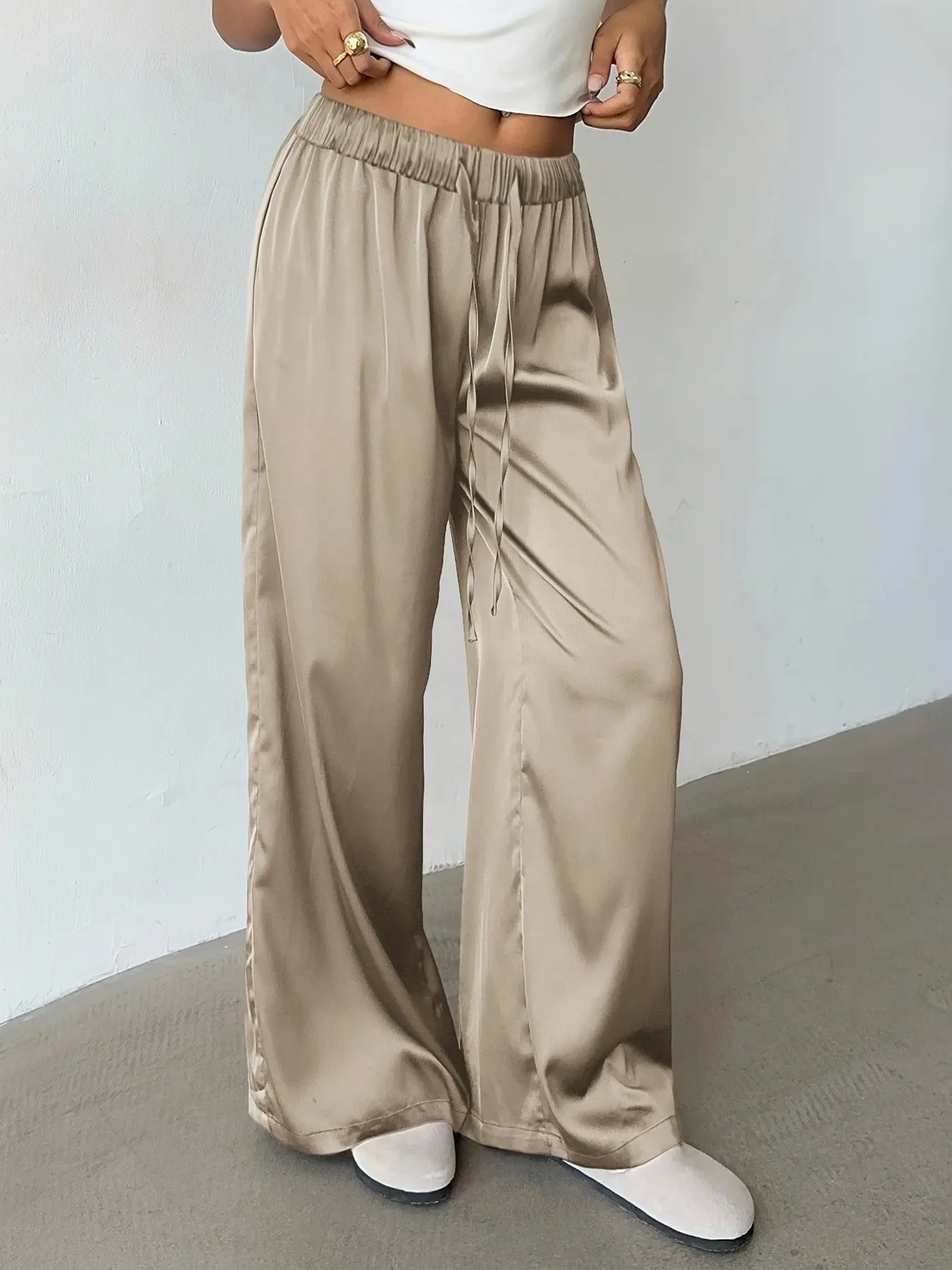 Women's Low Waist Casual Baggy Retro Satin Solid Wide Leg Pants, Bohemian Style Long Pants, Versatile Chic Fashionable Bottoms for Everyday Wear