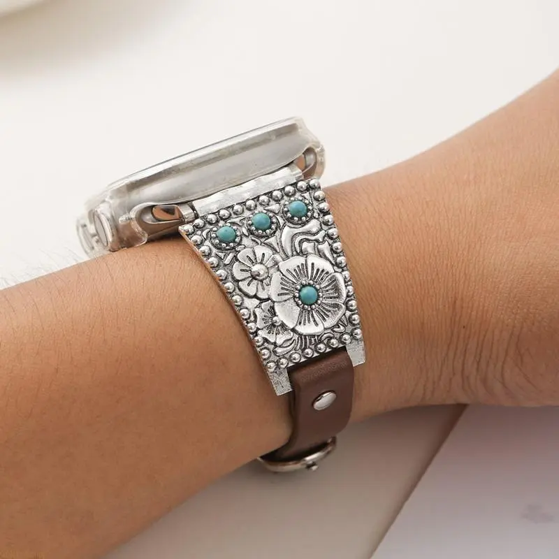 Women's Western Boho Watch Band, Antique Rustic Faux Leather Strap with Turquoise Stones, Adjustable Accessories with Quick Release, Beach, Sunburst, Silver-Toned Hardware