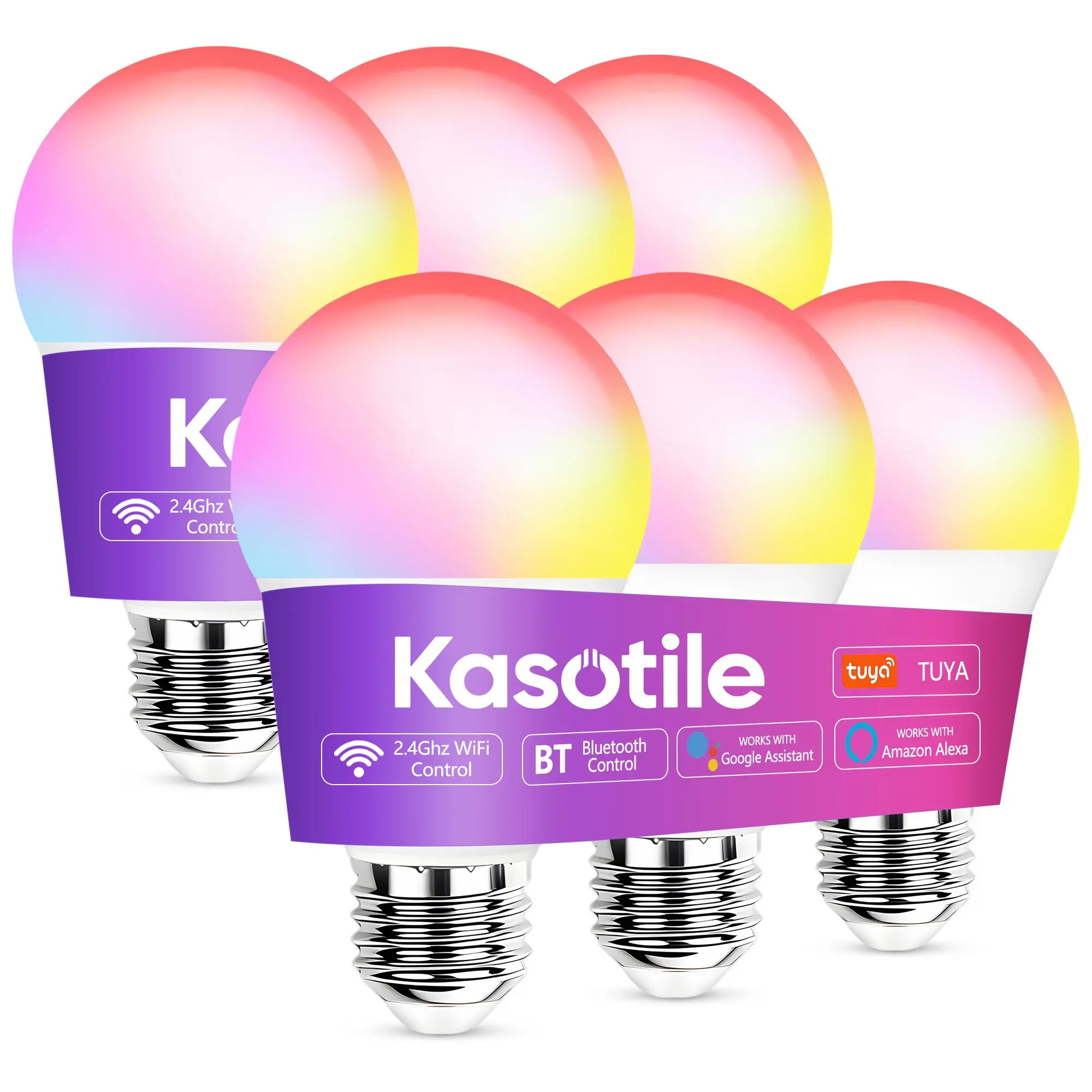 Kasotile Smart Light Bulbs 1/6 Pack, Alexa/google Home Compatible, Rgbcw Color Changing, Dimmable Led Light, 60w 2.4g WiFi & Ble, No HUB Required, Ul Listed