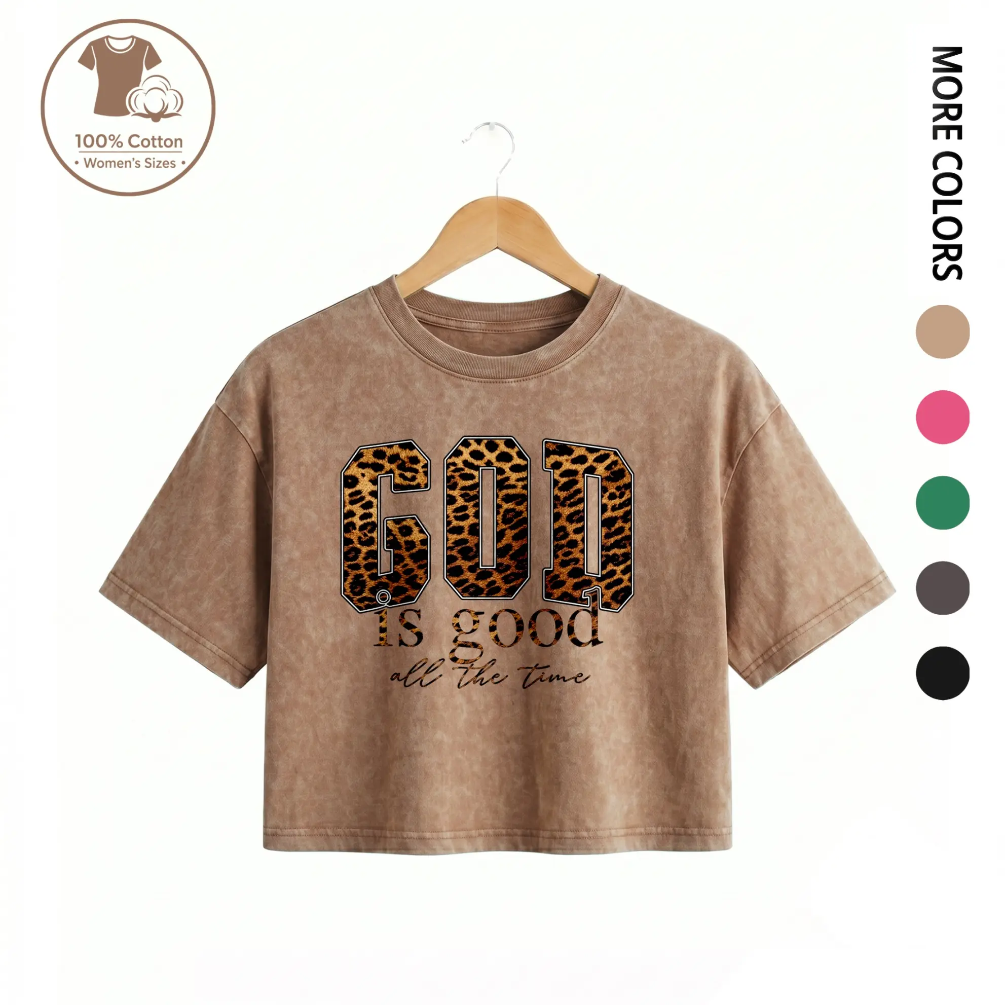 Women’s Vintage Washed “GOD IS GOOD” Leopard Print Graphic Cropped Tee, 100% Cotton Streetwear Summer Slim Fit Casual Crop Top Shirt