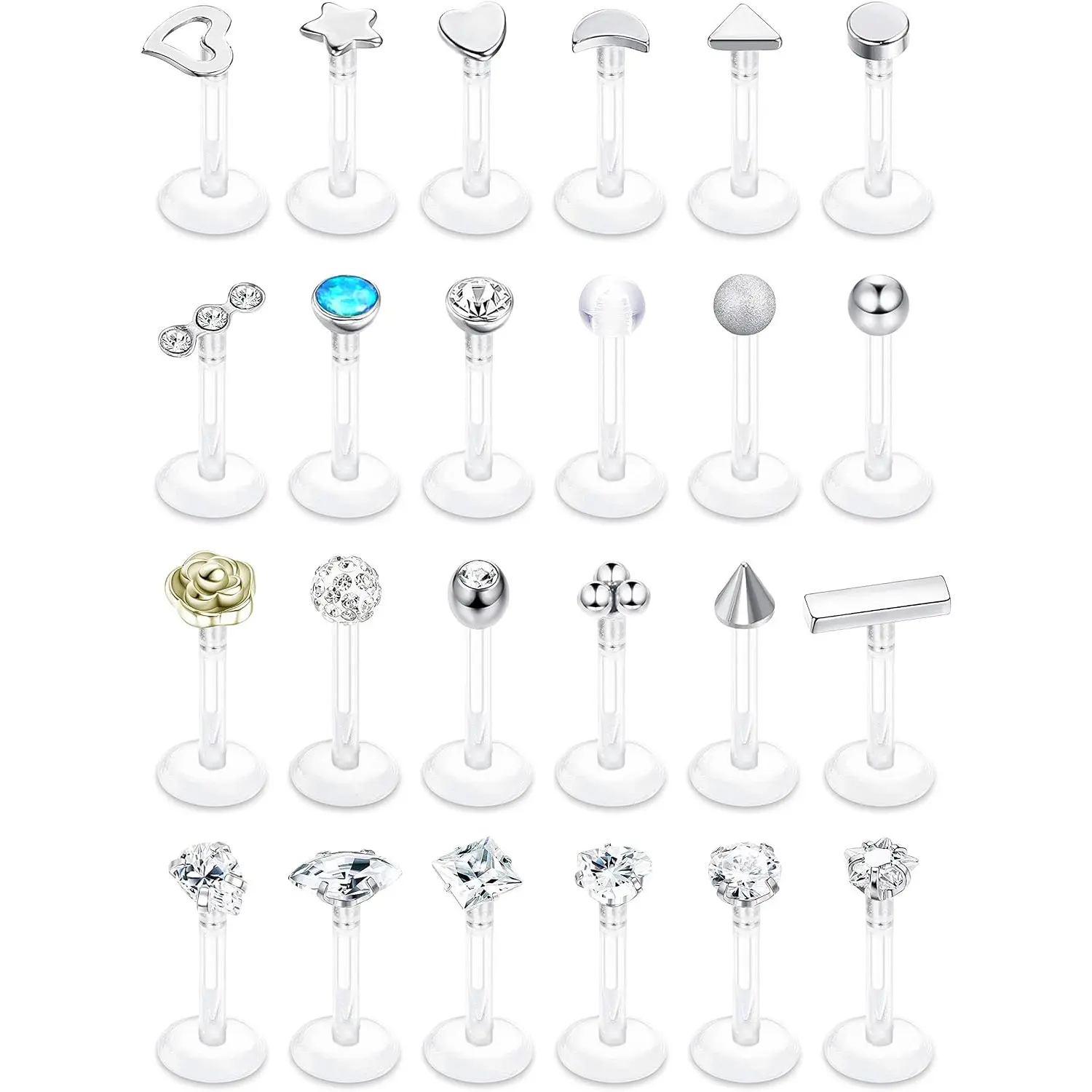 24Pcs Medusa Lip Piercing Jewelry 16G Labret Studs, Clear Plastic Acrylic Tragus Helix Cartilage Conch Earrings, Bioflex Lip Rings Push In Nose Studs Piercing Retainers Flat Back