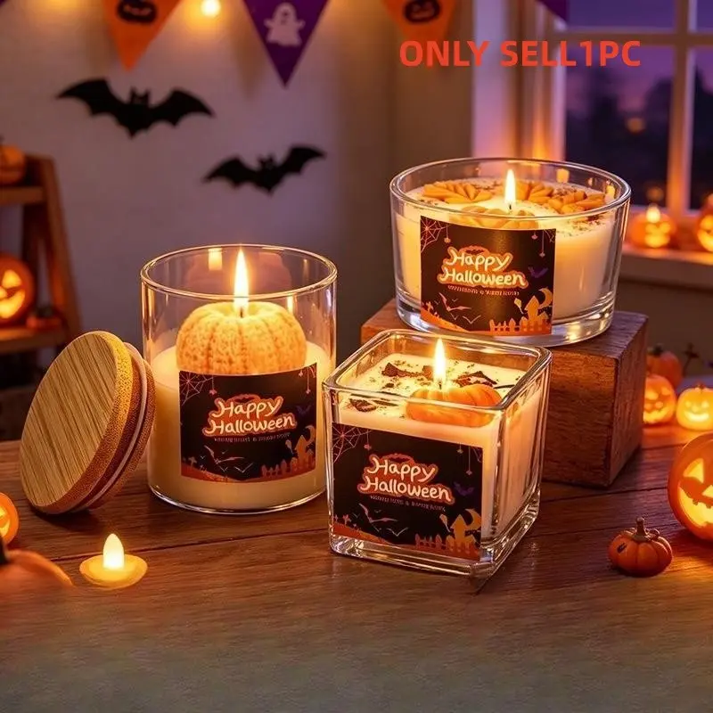 Halloween Pumpkin Scented Soy Candles, Clear Glass Jar with Wooden Lid, 3 Fragrances, Aromatherapy Desktop Ornament, Spooky Home Decor, Holiday Candles