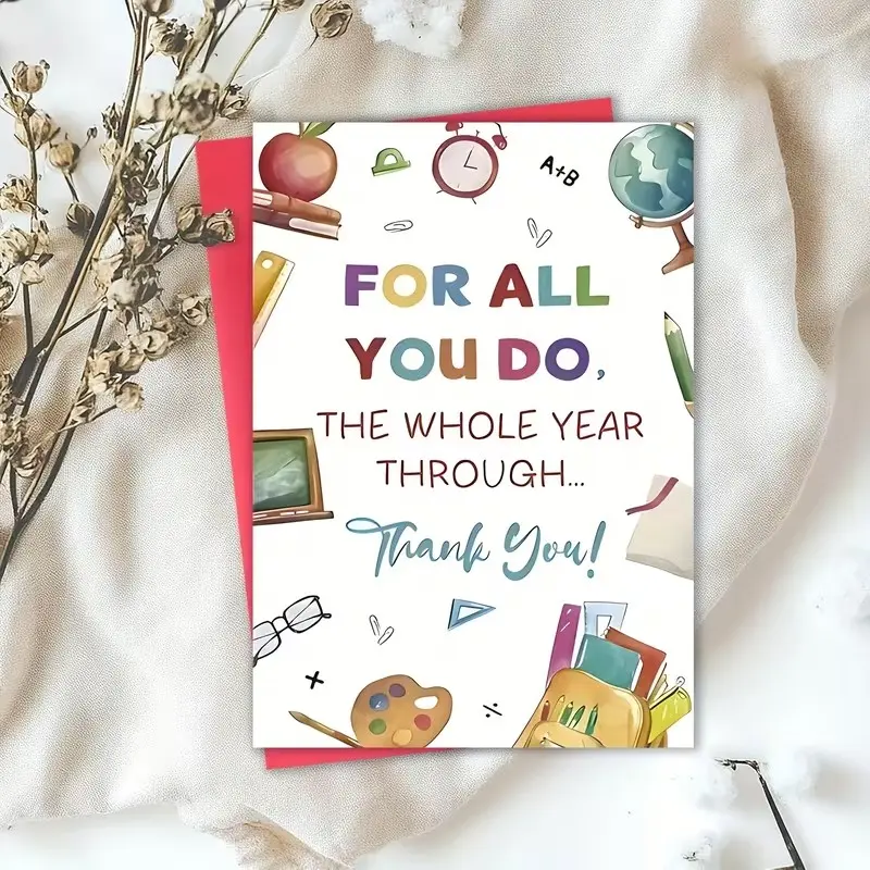 Teacher Appreciation Card with Classroom Icons, Thank You Card for Teachers, Gift for Teacher's Day, Graduation, Retirement, End of Year