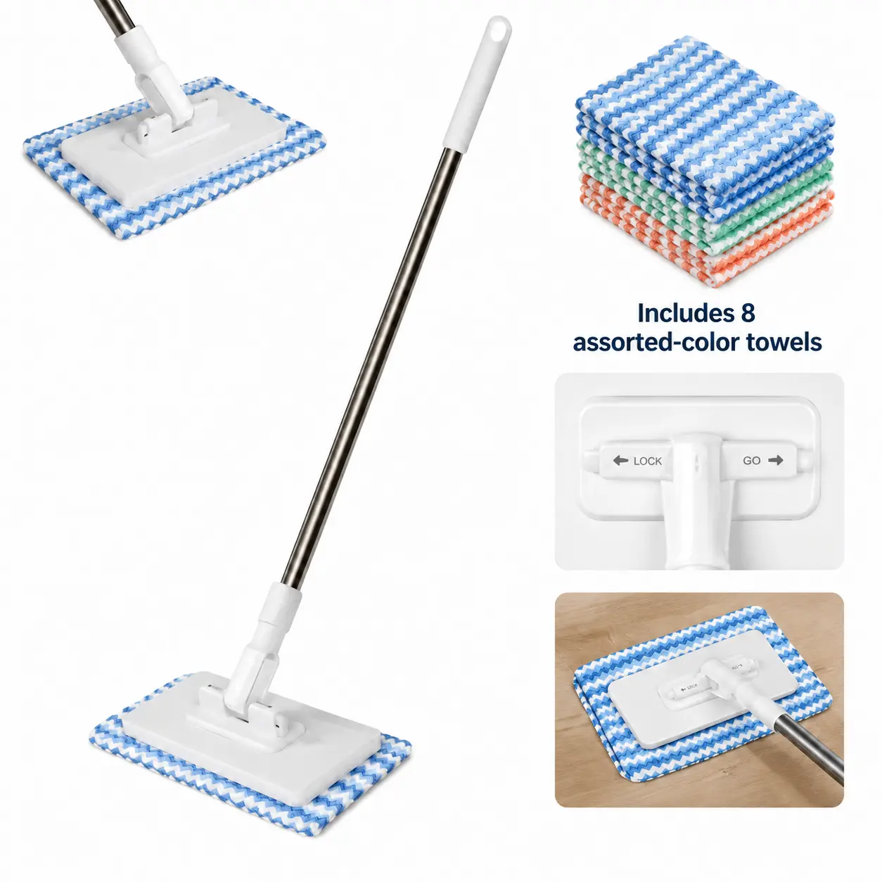 Hands-Free Flat Mop - Lightweight ABS Construction Wet & Dry Duster Mop for Home Care Supplies with Automatic Clamp, Wet & Dry Duster Mops