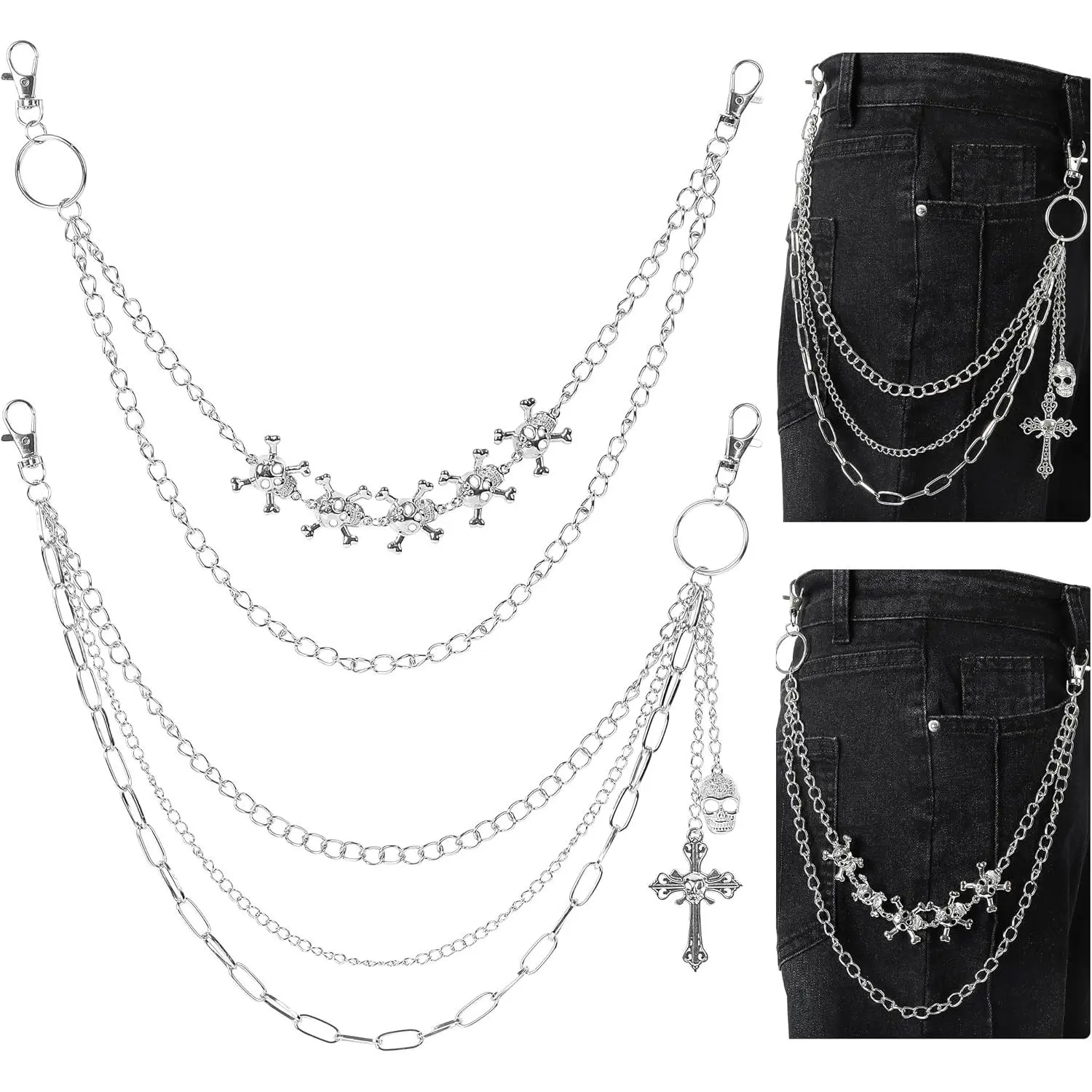 Men’s Unisex Heavy-Duty Metal Wallet Chain, Double-Layered Gothic Punk Skull Pants Chain for Biker Punk Events, Secure Clips Streetwear Accessory for Jeans