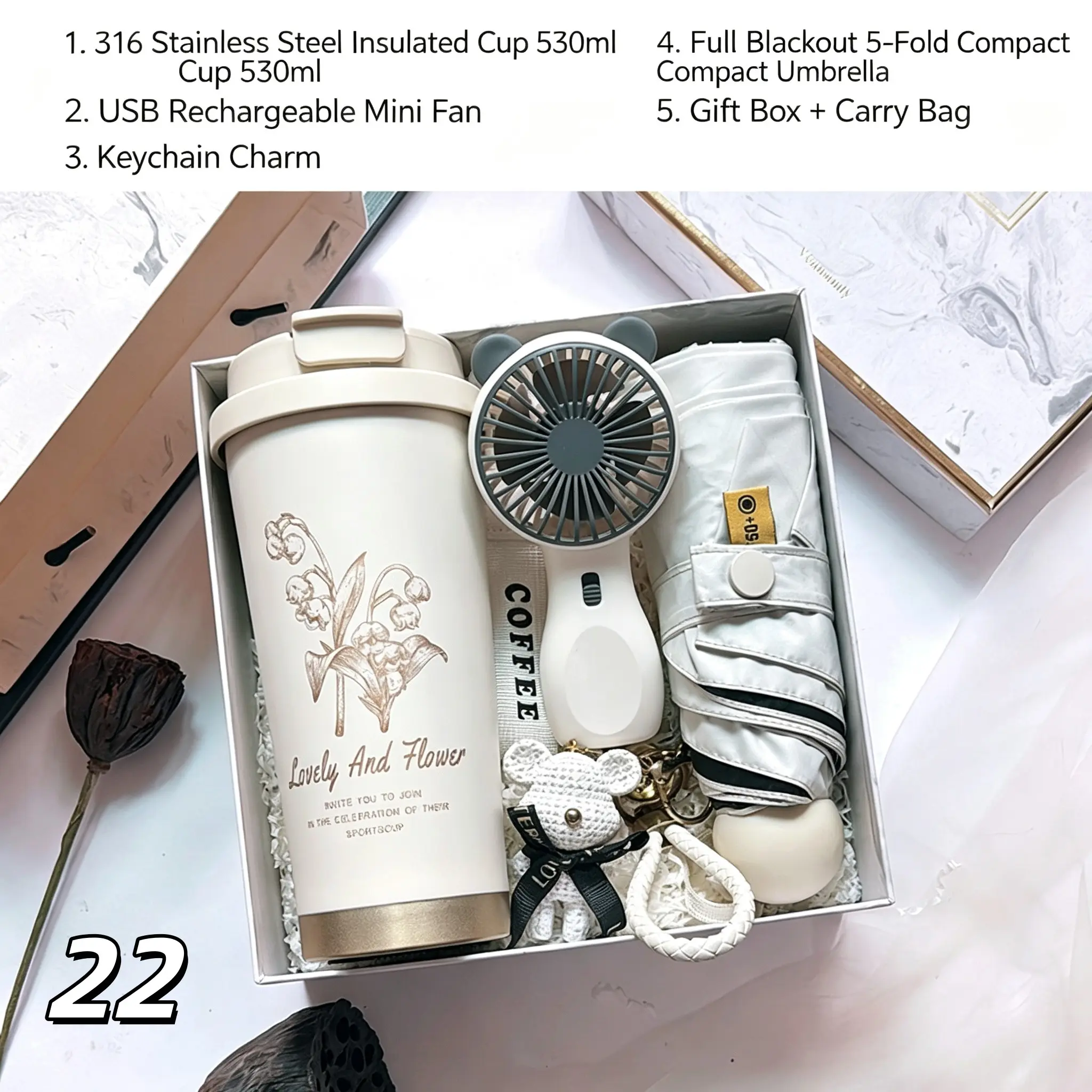 1Set Multi-functional Souvenir Gift Box Set, Combo with Handheld Mini Fan, Insulated Water Bottle, Sun Protection Umbrella, Keychain & Phone Stand, All-Season Party Gift for Parties & Holidays, Perfect Gift Bundle