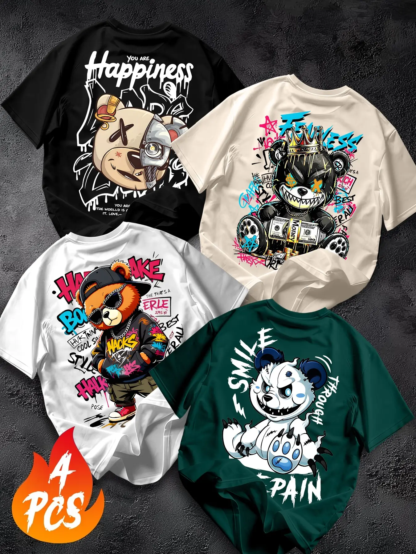 4-Pack American Street Graffiti Bear Print T-Shirts, Men's Loose Fit Short Sleeve, High Street Fashion Streetwear, Multiple Colors, Versatile Style