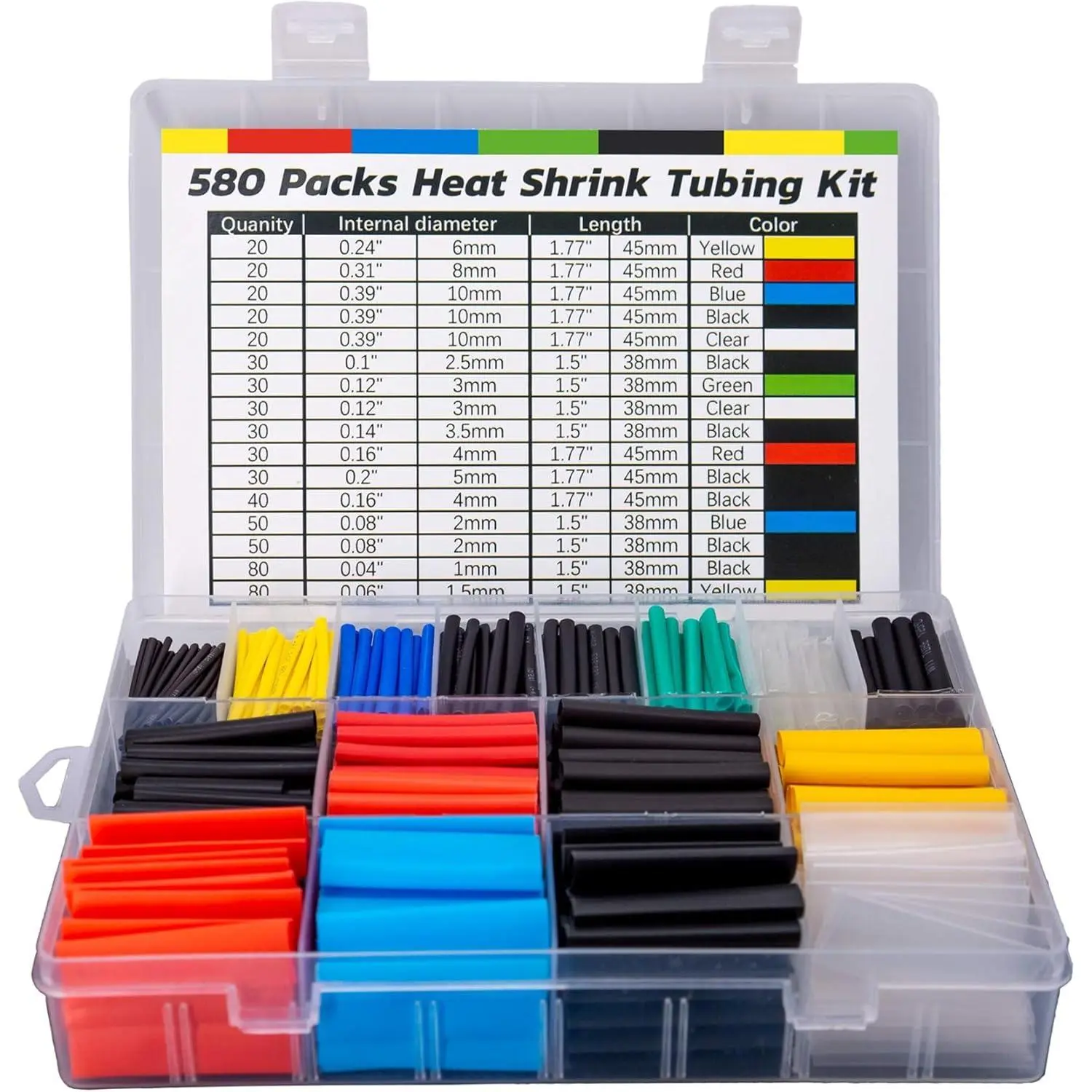 Fireproof EVA Synthetic Heat Shrink Tubing Kit - 580-Count Tube Shape Set in 6 Colors, 11 Sizes, User-Friendly Design, Storage Case - Ideal for Wire Repair, Electrical Insulation for DIY Users