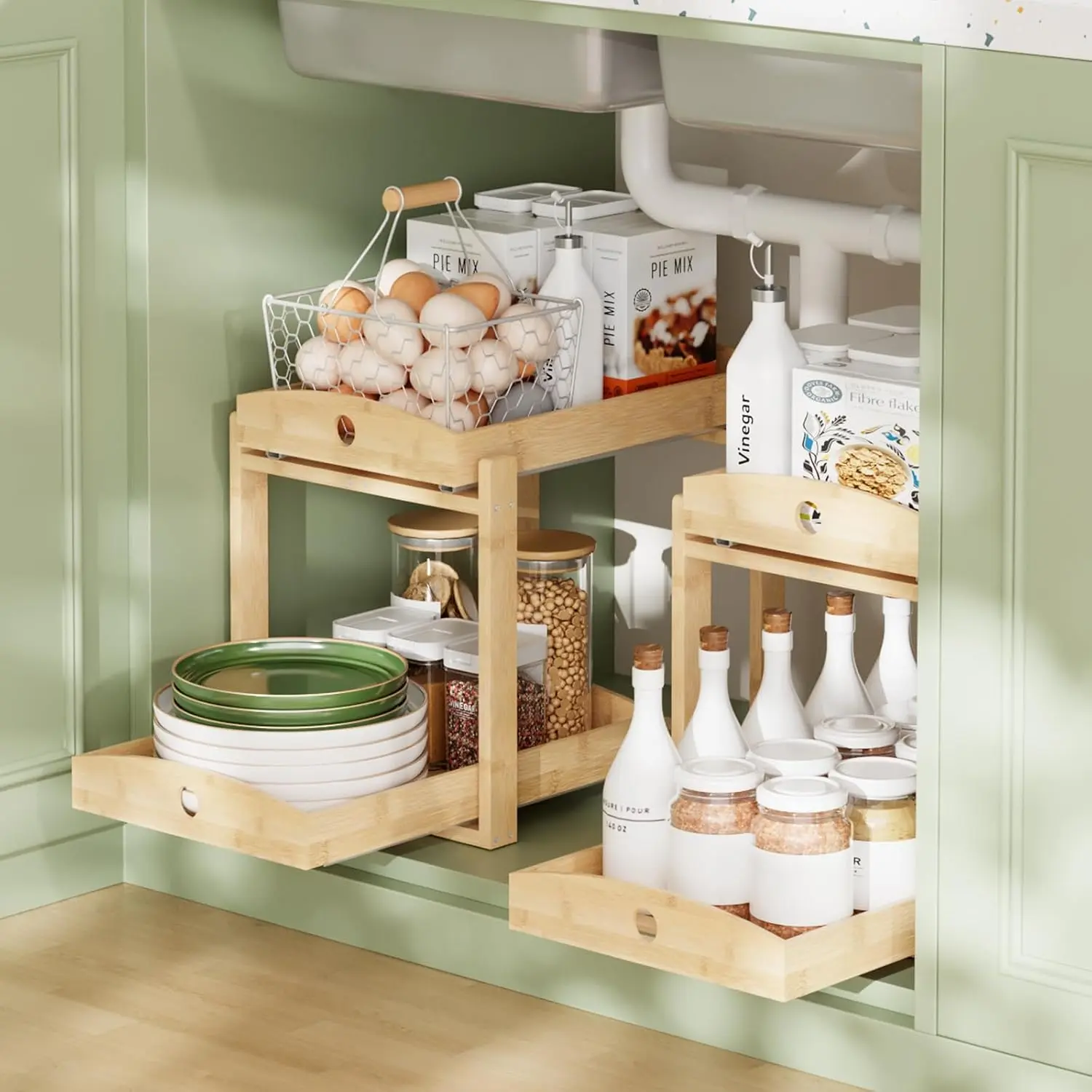 2 Pack  Under Sink Organizer, 2-Tier Sliding Drawers for Cabinets | Pull-out drawers keep cleaners and tall bottles visible, organized and easy to  in kitchen or bathroom cabinets
