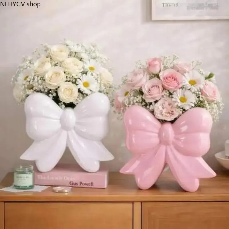 Elegant Bowknot Ceramic Vase, Stylish Floral Container Exquisite Table Centerpiece, Chic Home Decor Ornament For Living Dining Room, Sweet Mother’s Day Gift For Mom Female Friends And Family
