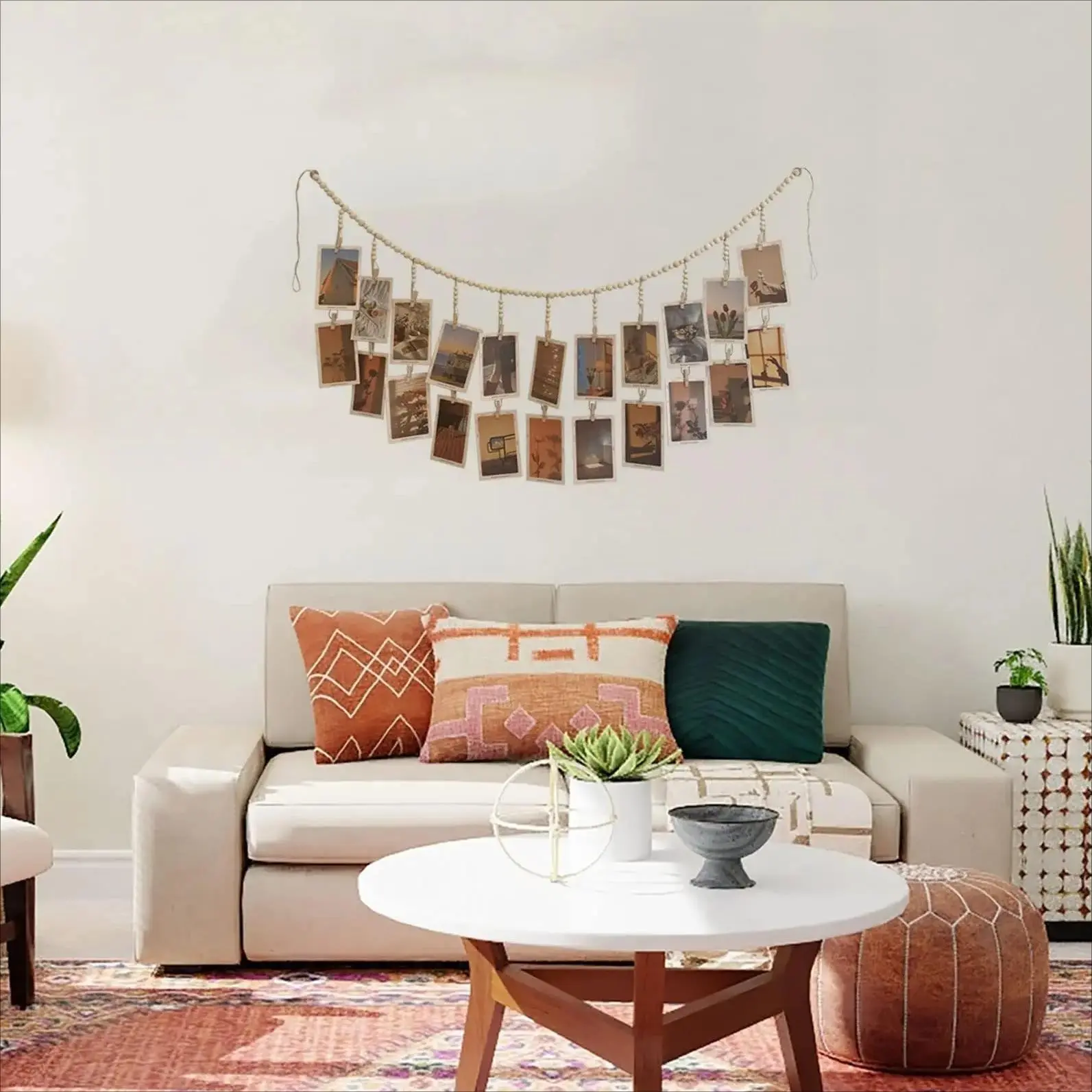 Boho Wooden Bead Photo Clip String – Aesthetic Hanging Polaroid Picture Display Garland, Cute Dorm & Bedroom Wall Art Decor, DIY Collage Rope with Clips for Classroom & Home, Trendy Room Aesthetic