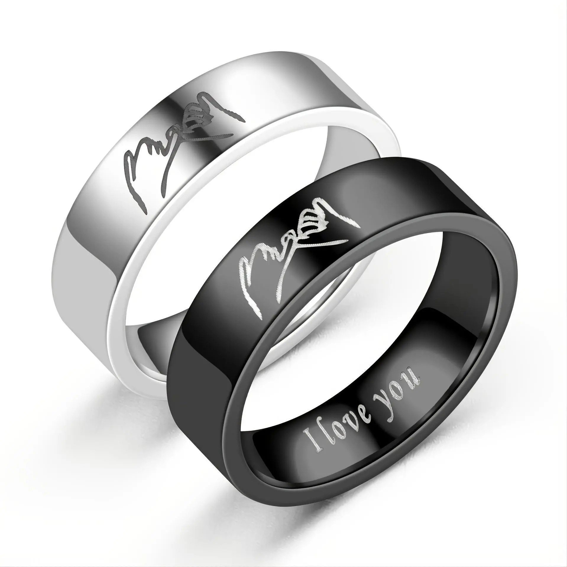 Matching Promise Ring Set with Engraved Hands, Black and Silver Finish Bands for Couples, Personalized I Love You Engagement Jewelry Gift, Wedding Band