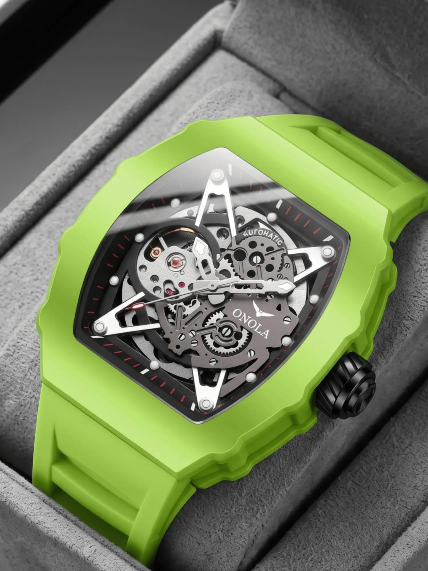 ONOLA Men Tonneau Skeleton Automatic Watch, Automatic Skeleton Wristwatch – Business Watch, Luminous Skeleton Watch, Silicone Strap, Mineral Glass, Casual Commuter Watch, Mechanical Watch for Boyfriend's Anniversary Gift