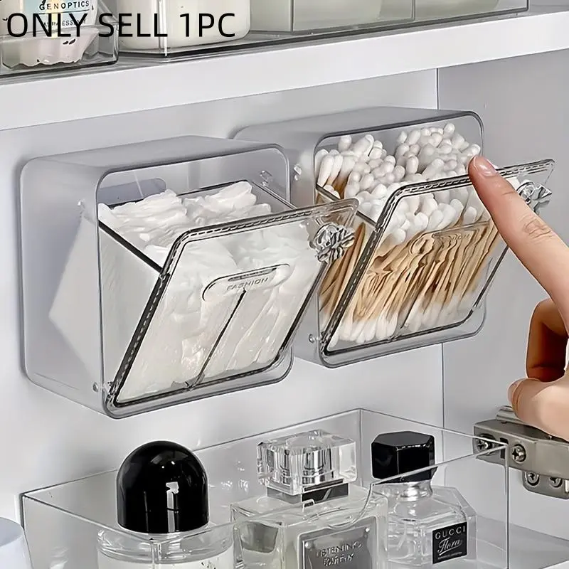 1pc Cotton Swab Storage Box, Wall-Mounted Makeup Pad Organizer, Bathroom Essential, Desktop Makeup Pad Holder, Vanity Shelf Accessory, Dustproof Makeup Organiser, Beauty Supplies Organizer, Cosmetic Storage Holder