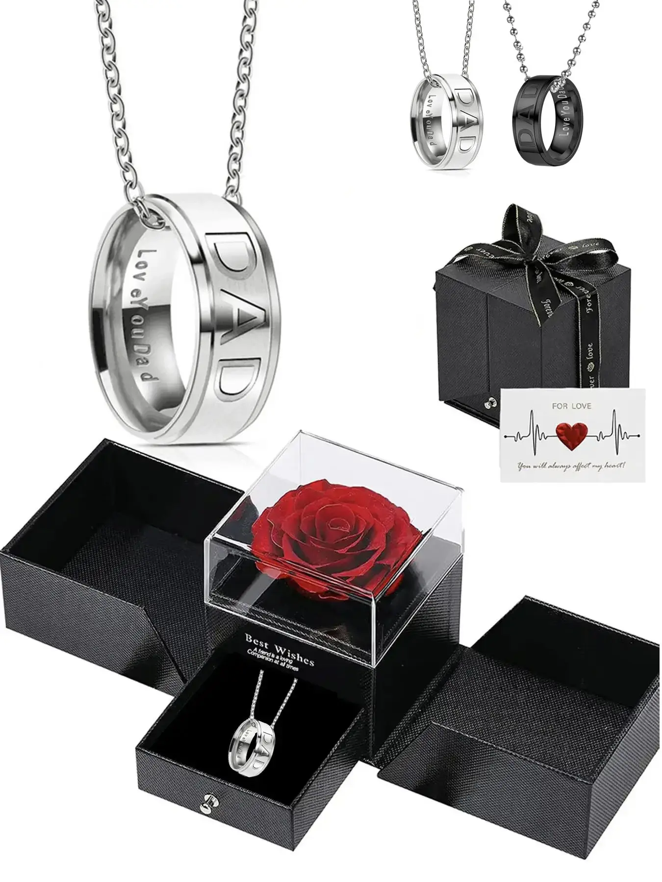 Dad Engraved Ring Pendant Necklace with Rose Gift Box, Stainless Steel Jewelry for Men, Alloy Necklace, Jewelry Gifts for Parties, Birthday and Daily Wear, Personalized Necklace