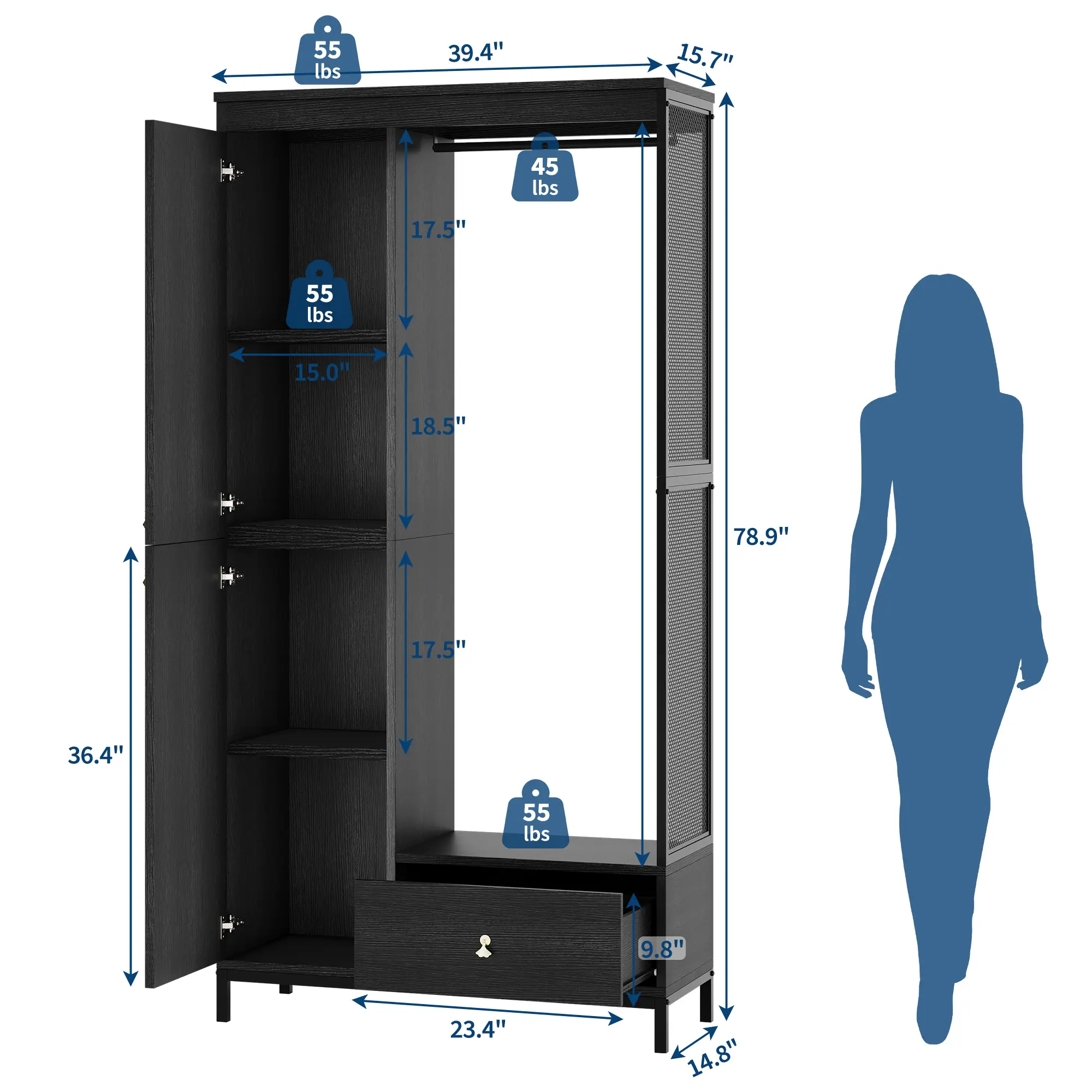 Garvee Space-Saving Modern Wooden Armoire Wardrobe Closet – Freestanding Bedroom Storage Cabinet with Shelves, Hanging Rod & Drawer – Organizes Clothes, Bedding & Luggage – Natural Oak, White, or Black Finish