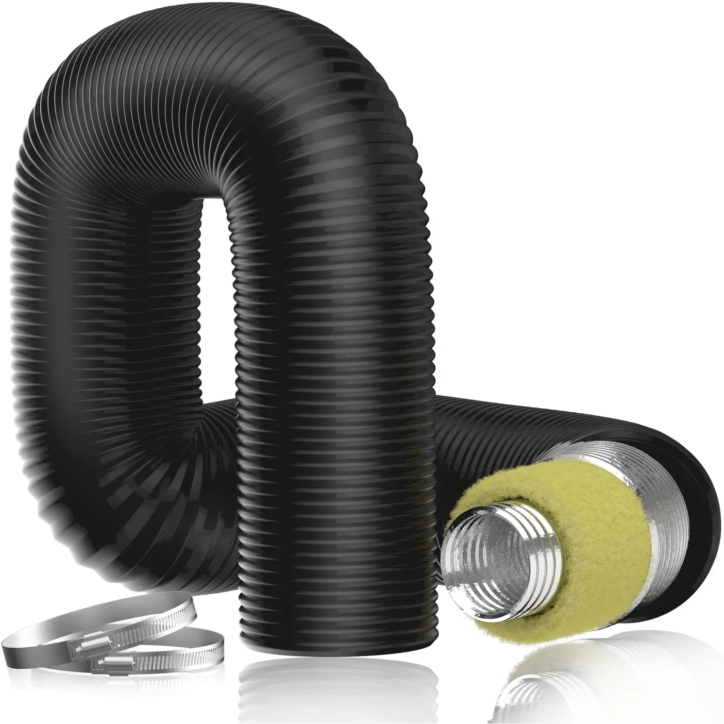 6'' Insulated Flexible Duct - 8 FT Noise Reducer Hose, Insulated Duct for Exhaust Fan Ductwork Insulation, Heating & Cooling HVAC Ventilation with 2 Clamps, Black