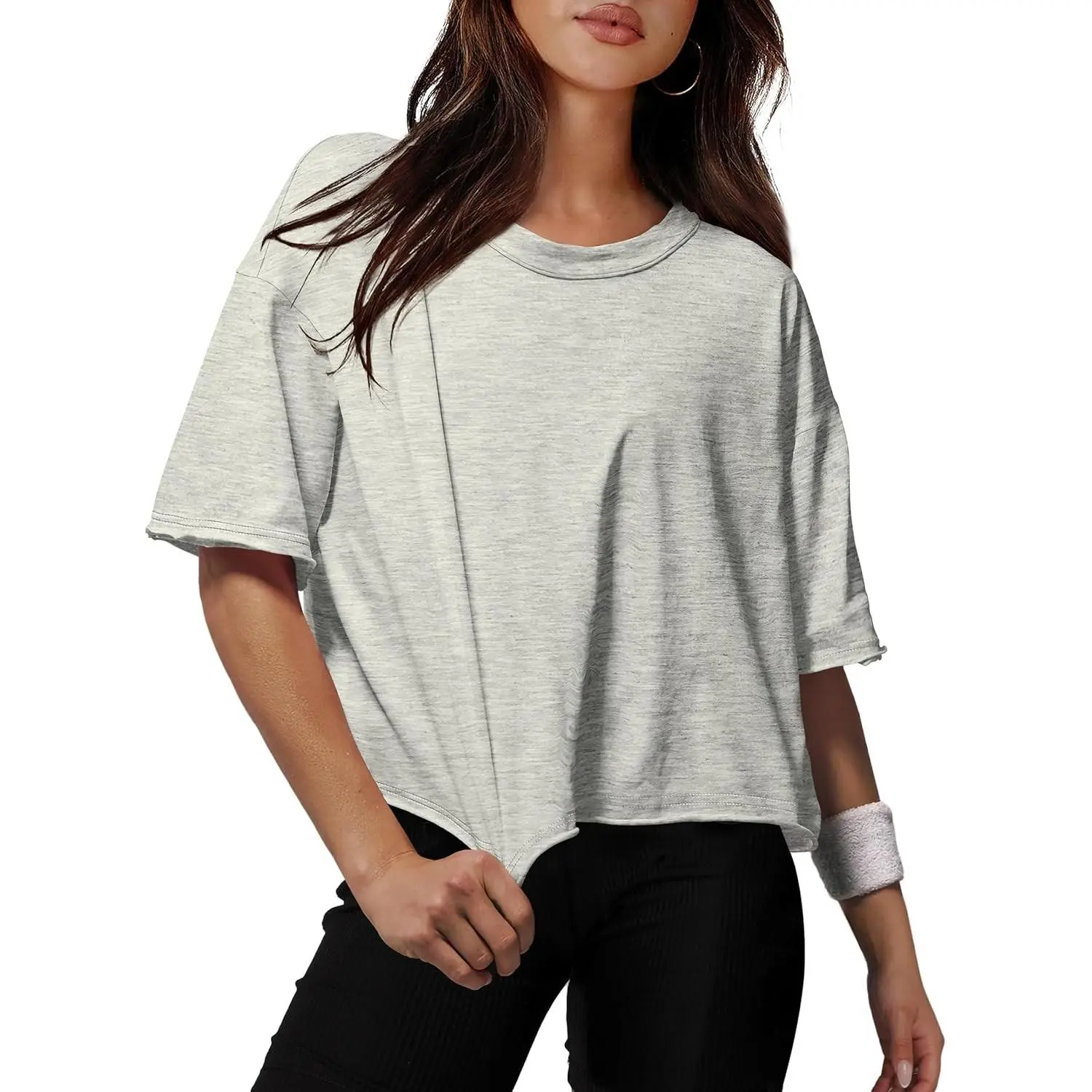 Cotton Tshirts for Women Drop Shoulder Round Neck Oversized Crop Tops Workout Tops Tees