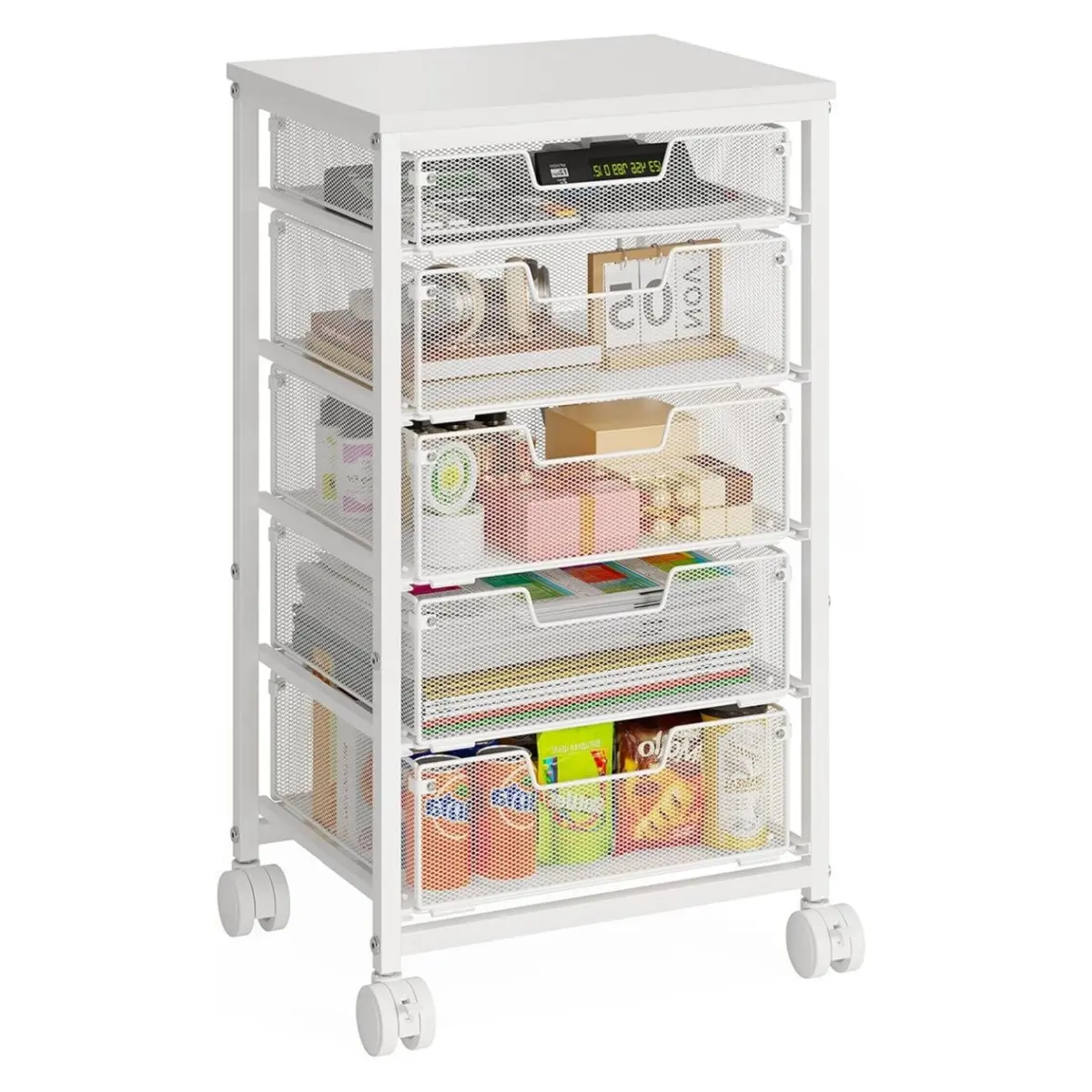 Simple Metal Mesh Mobile Storage Cart, 5-Tier Pull-Out Basket, Silent Locking Wheels, Large Capacity Organizer for Office and Home