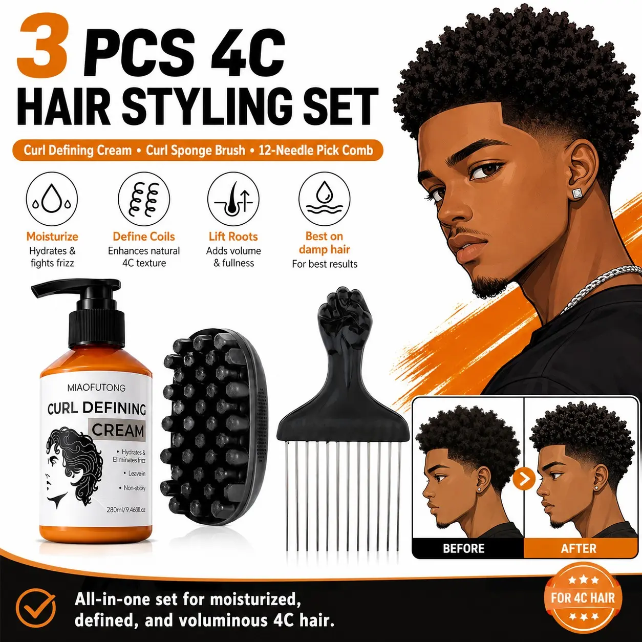 3PCS 4C Hair Styling Set, Curl Defining Cream with Curl Sponge Brush & 12-Needle Pick Comb for Coils, Twists, Freeform Styles & Frizz Free Styling, 280 ml / 9.46 fl oz