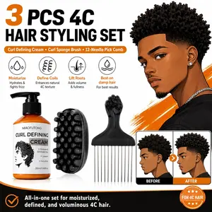 3PCS 4C Hair Styling Set, Curl Defining Cream with Curl Sponge Brush & 12-Needle Pick Comb for Coils, Twists & Freeform Styles, 280 ml / 9.46 fl oz