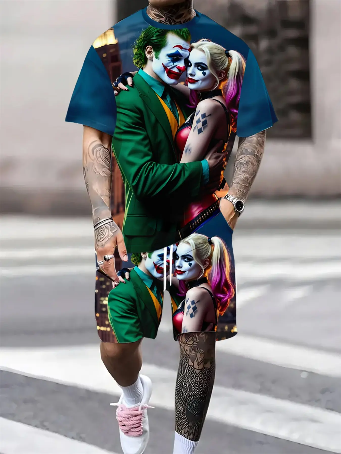 Men's Warner Collaboration Short Sleeved Set, Joker Harley Quinn Print, Casual Fitted 2pcs, Comfortable Daily Wear, Summer Christmas Style