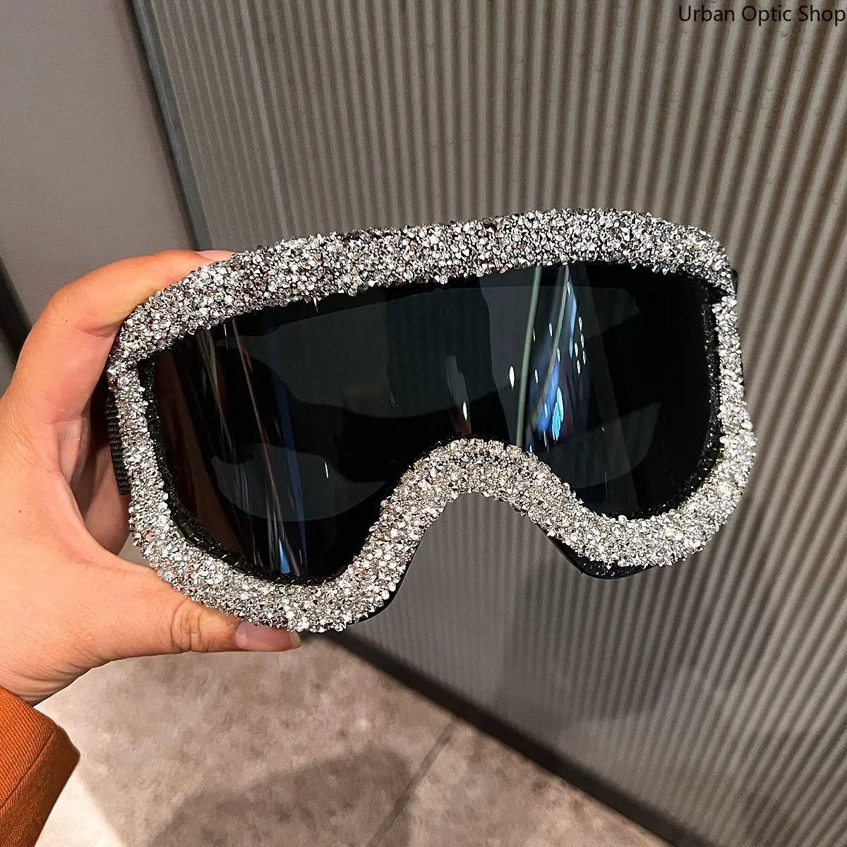 Women's Feminine Glam Oversized Ski Goggle Sunglasses - Fashion Eyewear with Full Rhinestone-Paved Frame, Dark UV400 Lenses, Adjustable Strap for Raves, Halloween Cosplay, Accessories For Women, Sun Protection, Party Accessory, Glam Look, Rave Wear, Red T