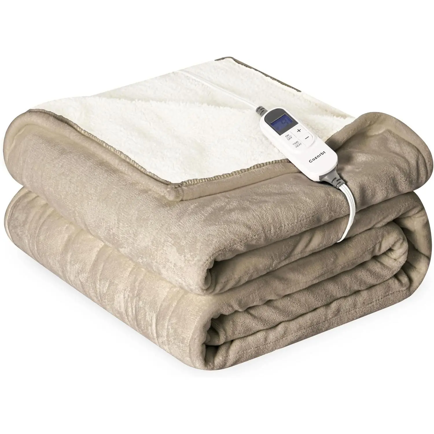 Women's 50"x60" Soft Flannel & Sherpa Reversible Electric Blanket with 10 Heat Settings, 12 Timer Settings, 3-Hour Auto-Shut Off, ETL Certification, Machine Washable & Heat Control (Light Brown), All Seasons