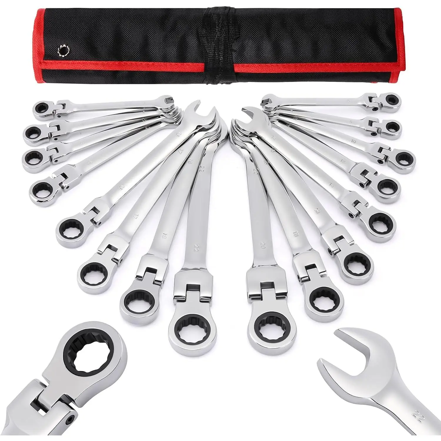 16- Flex- Ratcheting Combination Wrench Set, Metric 6-22mm, 72-, CR-V Steel, With Rolling Pouch